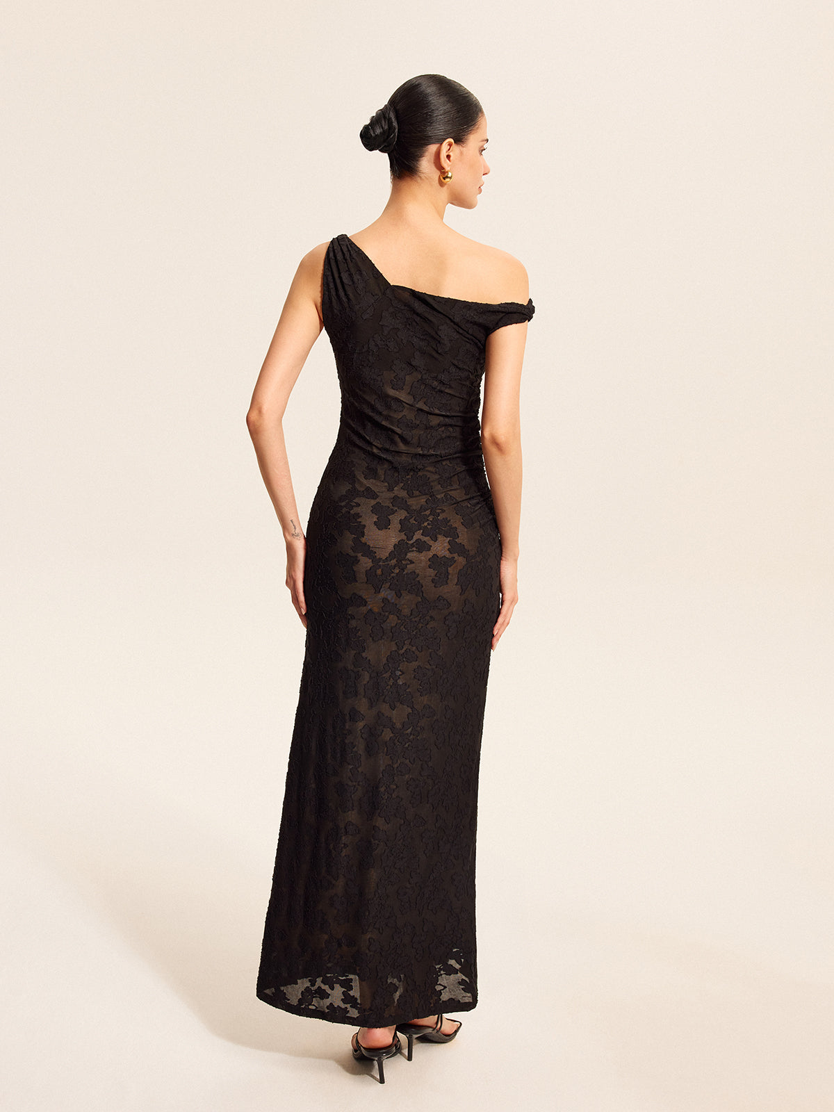 Semi-Sheer Lace One-Shoulder Maxi Dress-Massicos