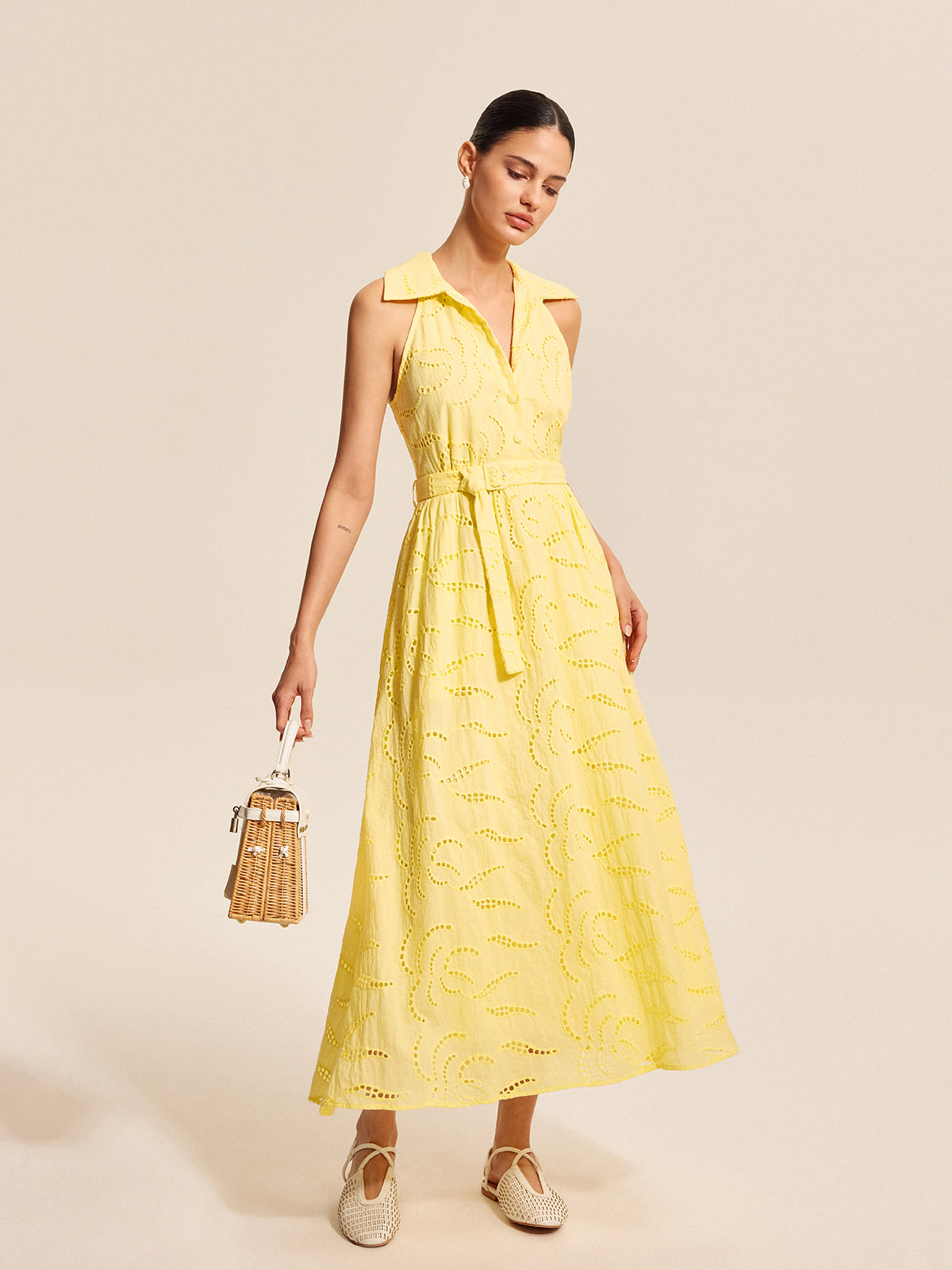 Cotton Belted Embroidered Dress-Massicos