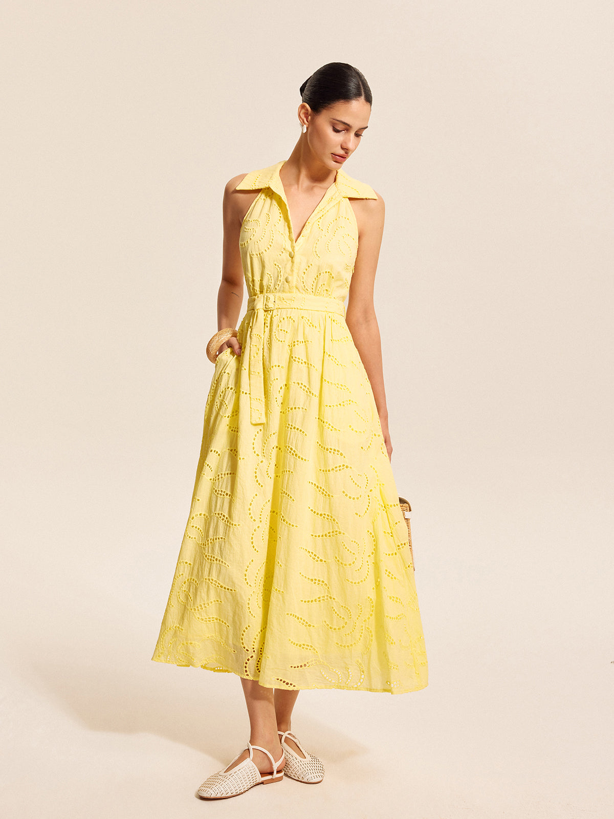 Cotton Belted Embroidered Dress-Massicos