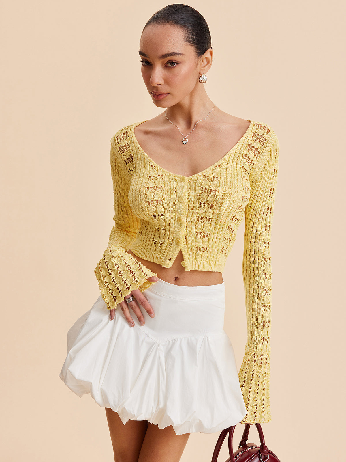 Bell Sleeve Crochet Knit Cardigan-Massicos
