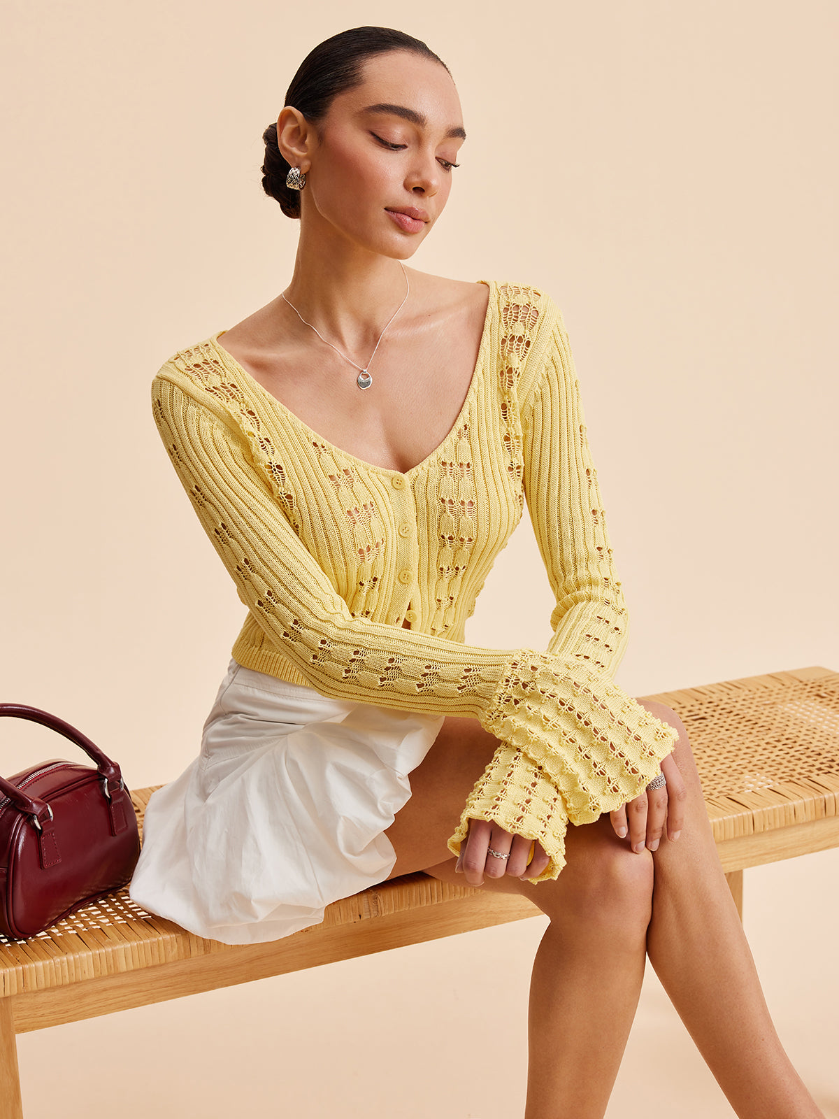 Bell Sleeve Crochet Knit Cardigan-Massicos