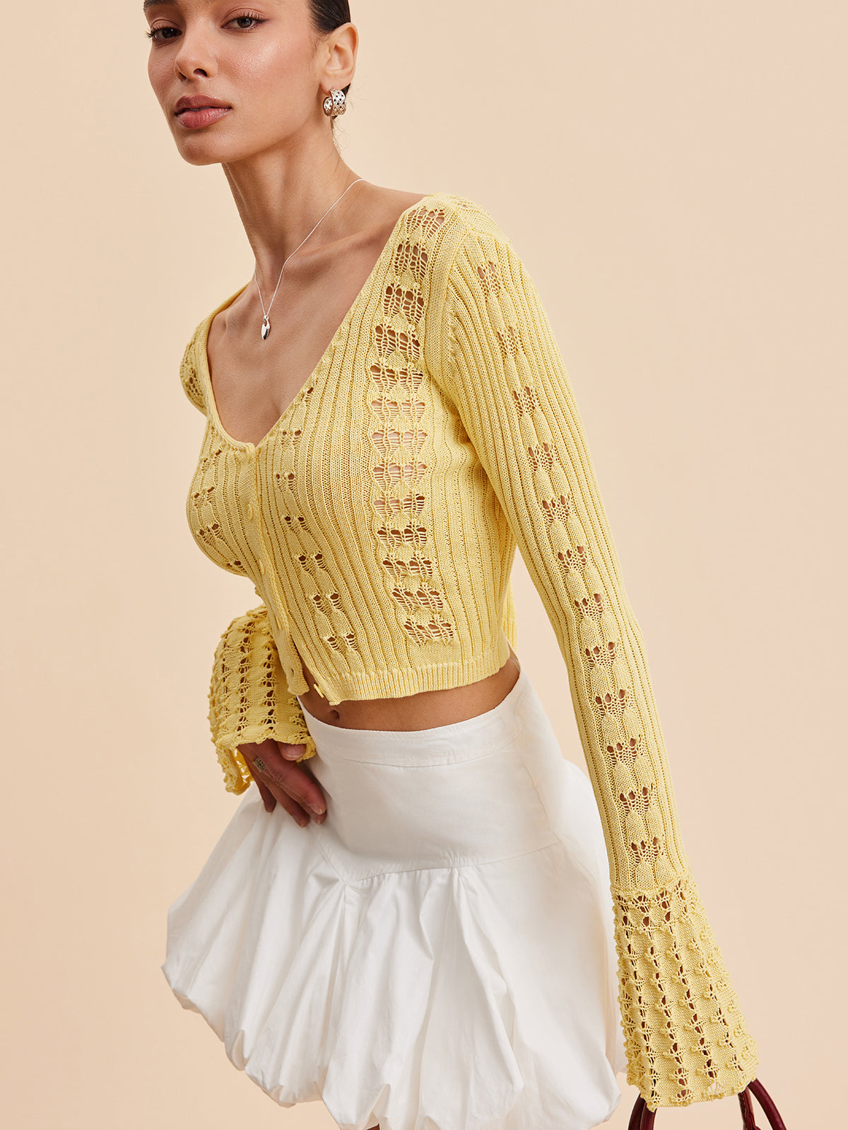 Bell Sleeve Crochet Knit Cardigan-Massicos