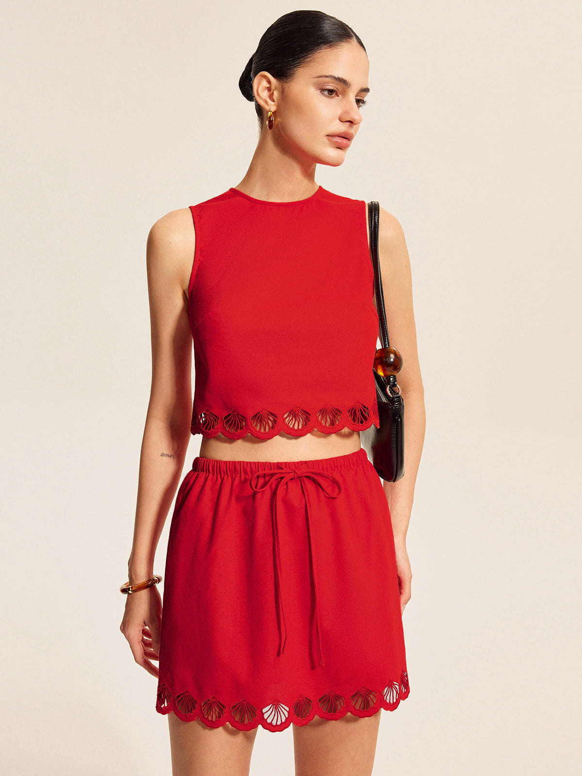 Cotton & Linen Scalloped Trim Skirt Set-Massicos