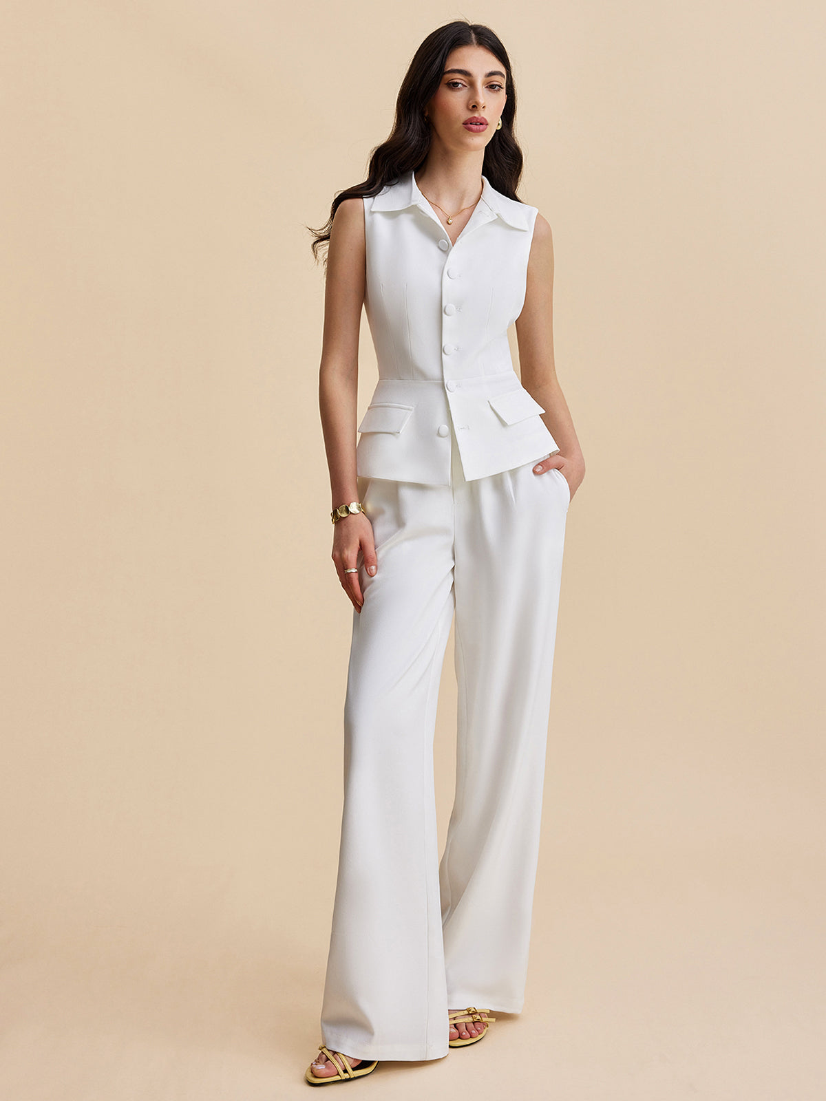 Pockets Buttoned Sleeveless Pants Set-Massicos