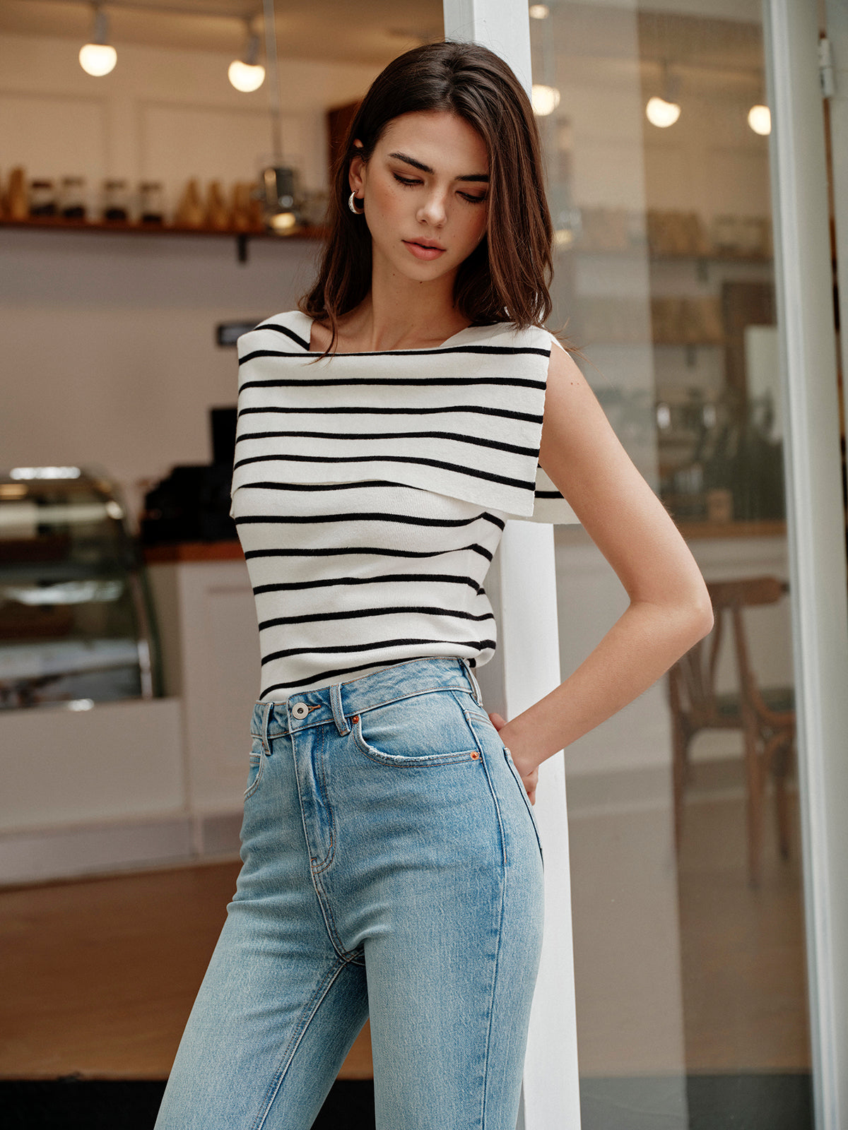 Striped Shawl-Collar Knit Top-Massicos