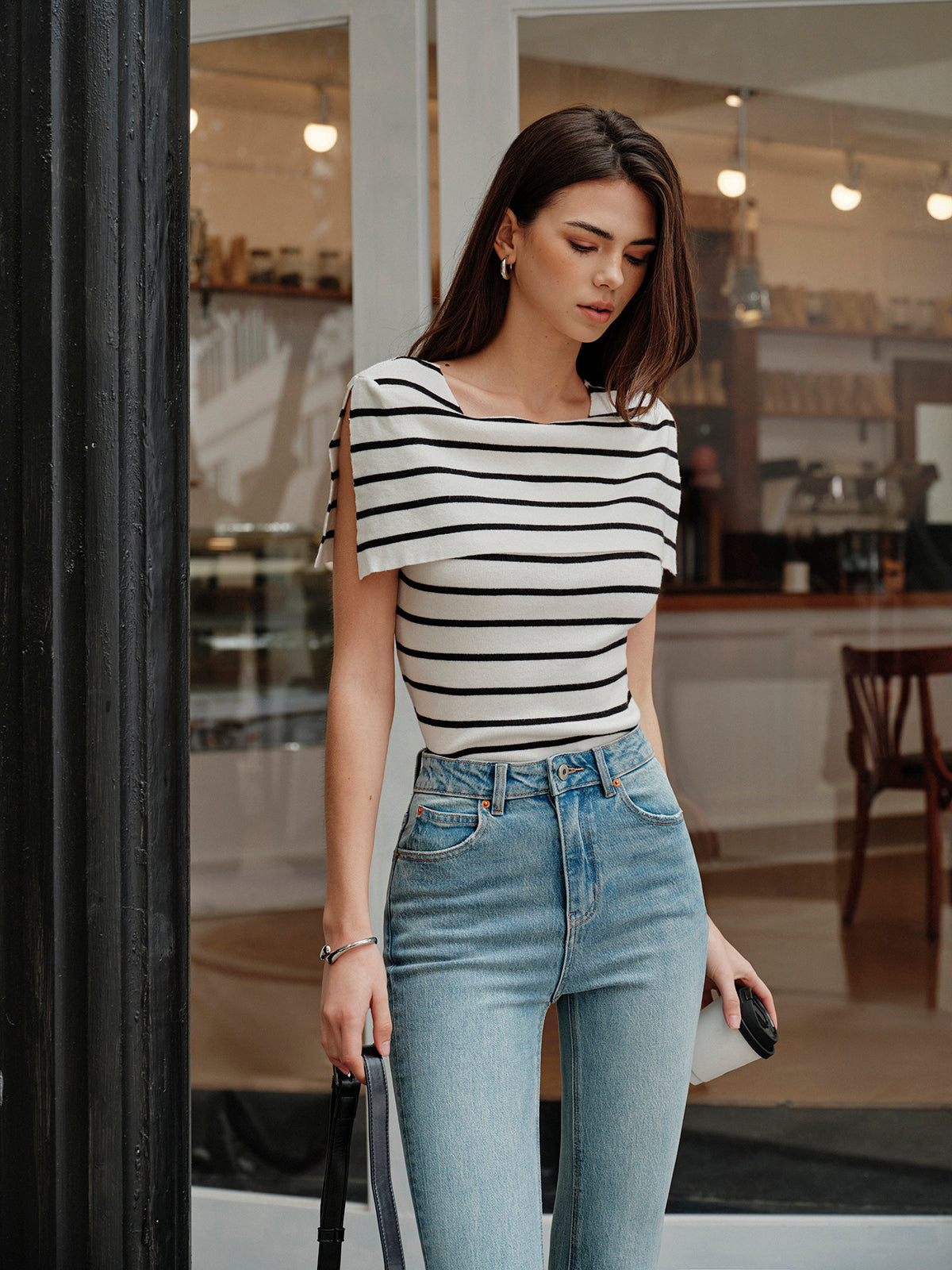 Striped Shawl-Collar Knit Top-Massicos