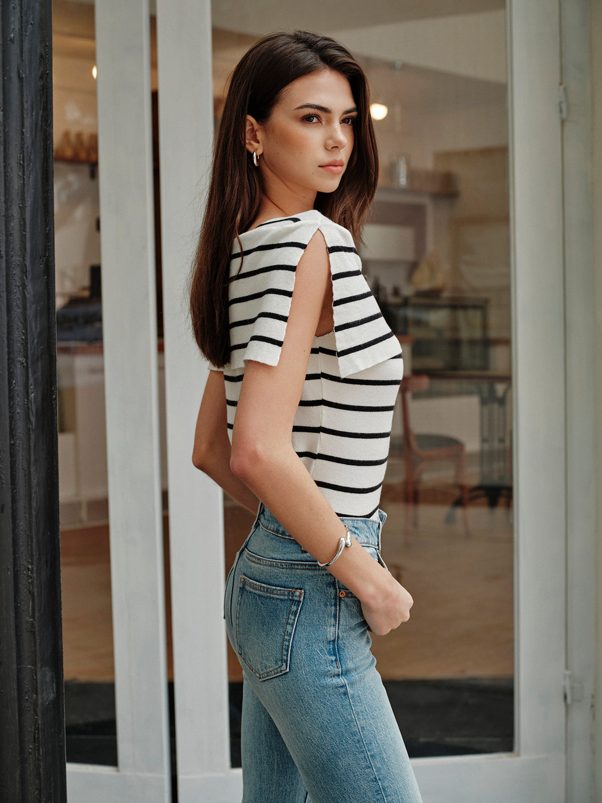Striped Shawl-Collar Knit Top-Massicos
