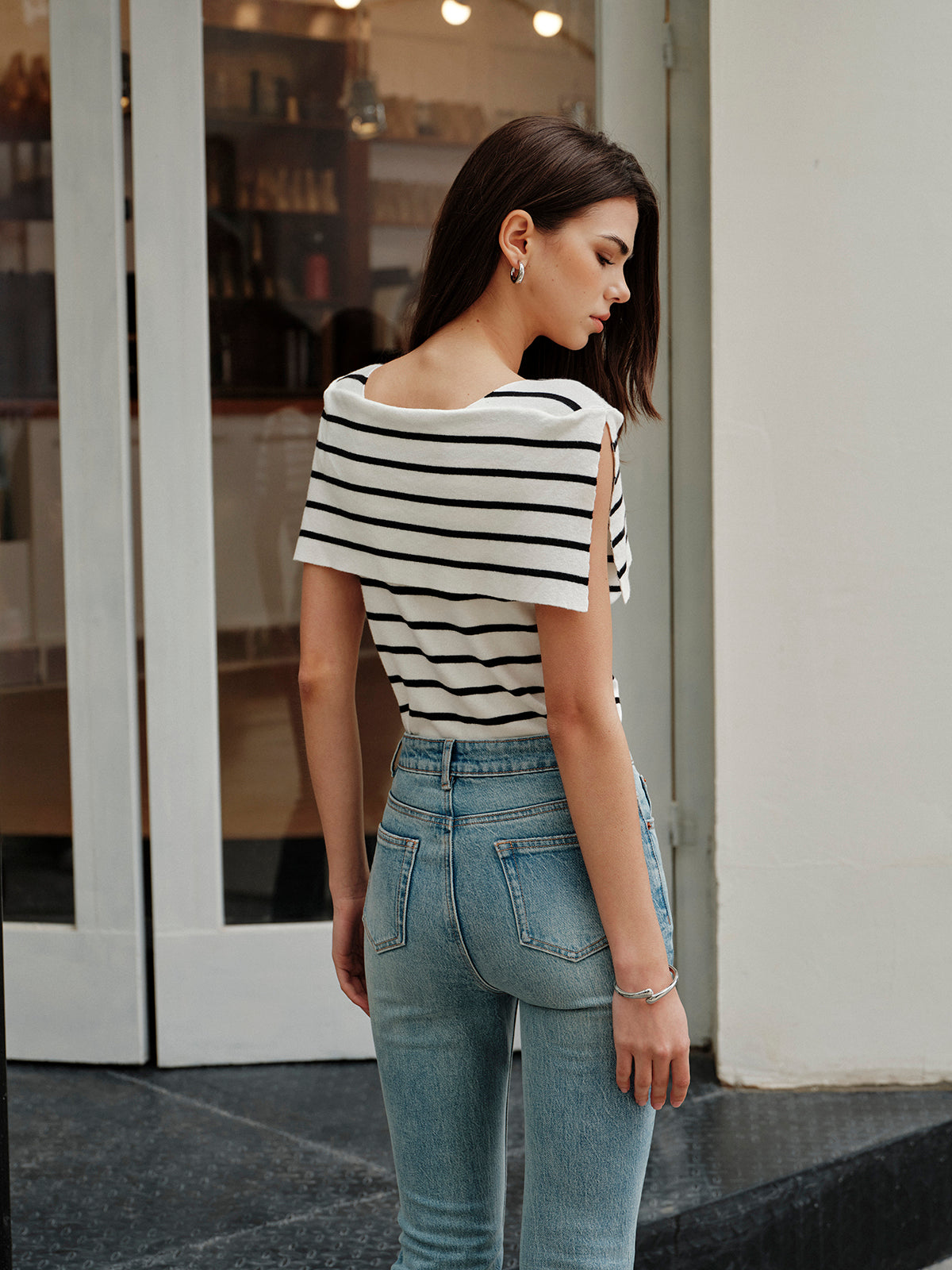 Striped Shawl-Collar Knit Top-Massicos