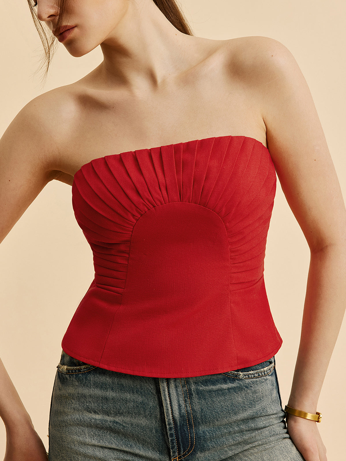 Cotton & Linen Pleated Strapless Top-Massicos