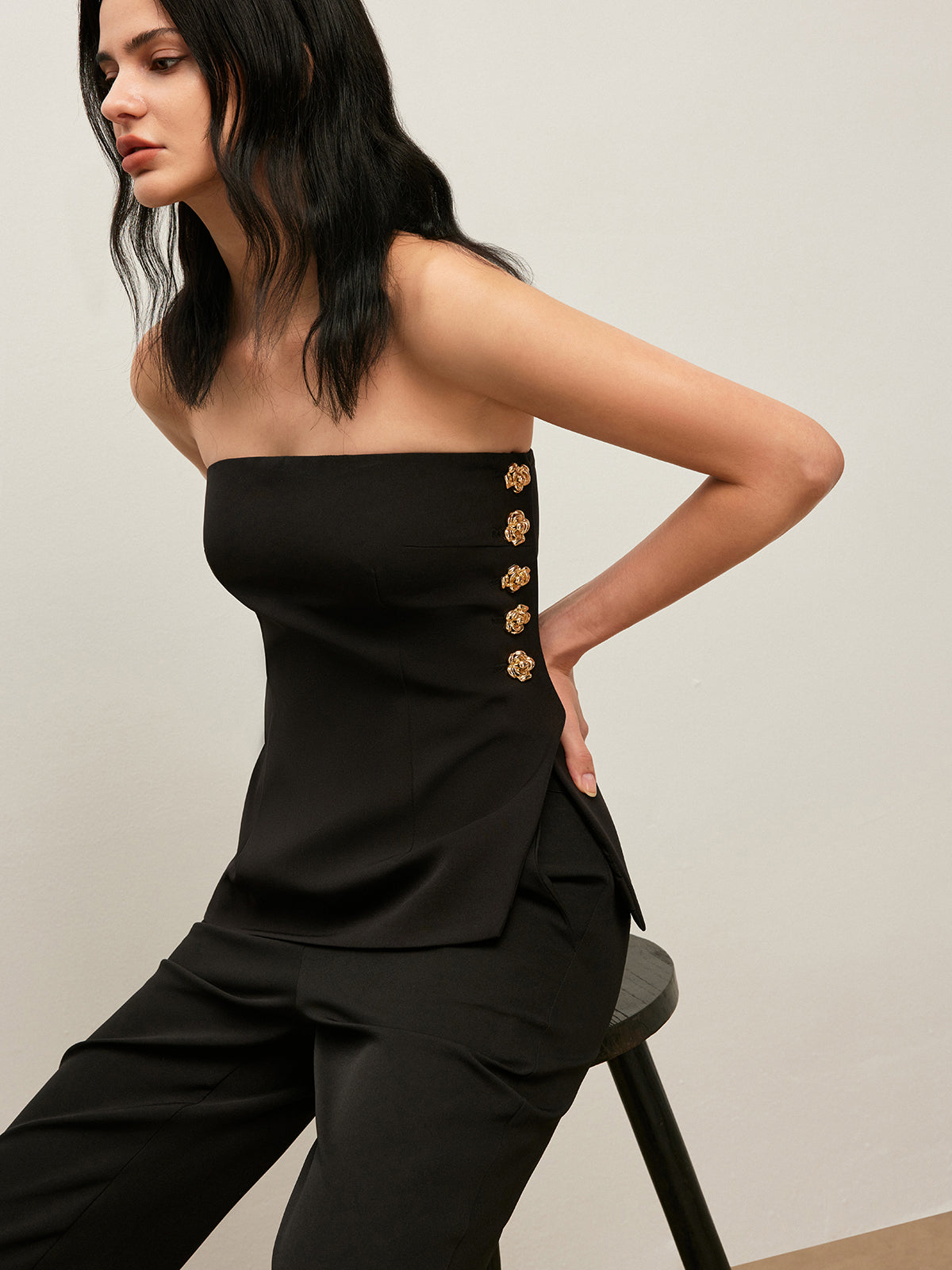 Side Button Detail Strapless Top-Massicos