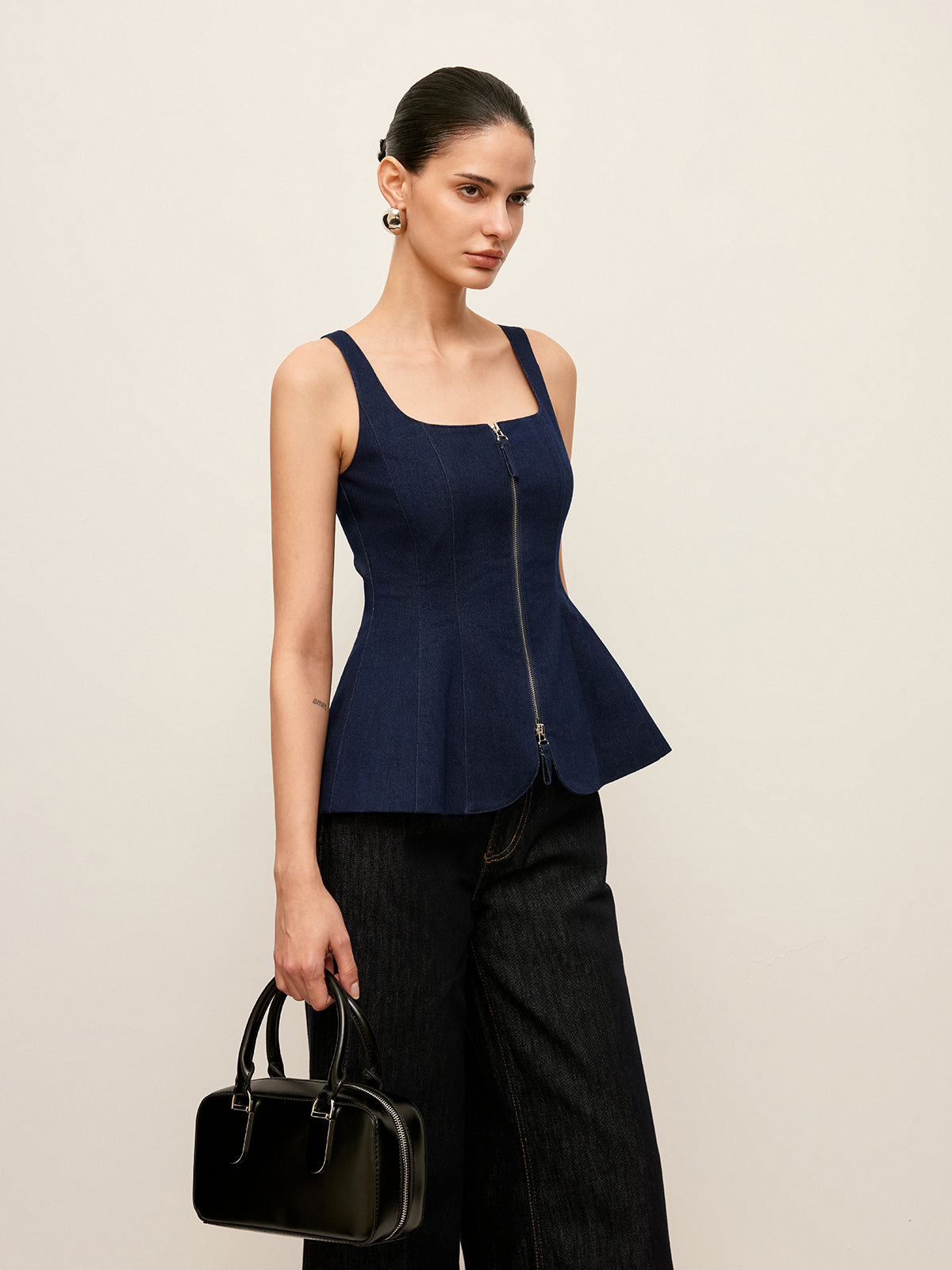Zip-Front Denim Peplum Top-Massicos