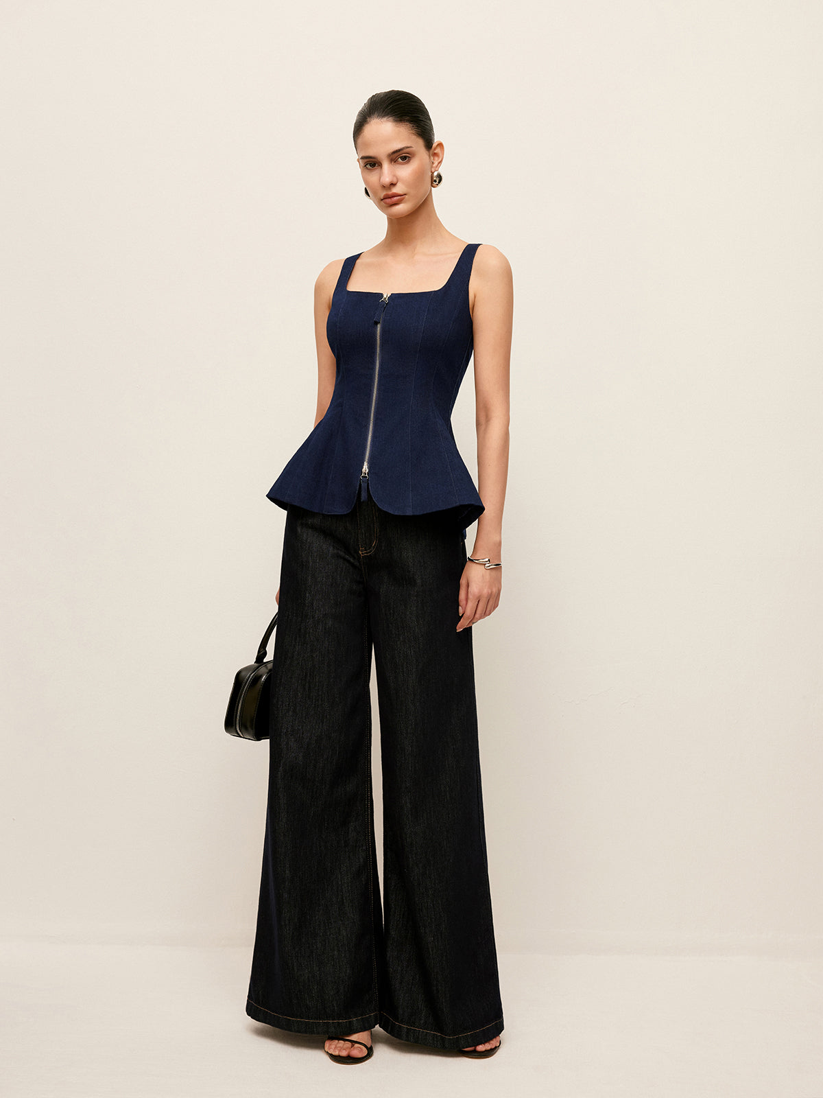 Zip-Front Denim Peplum Top-Massicos