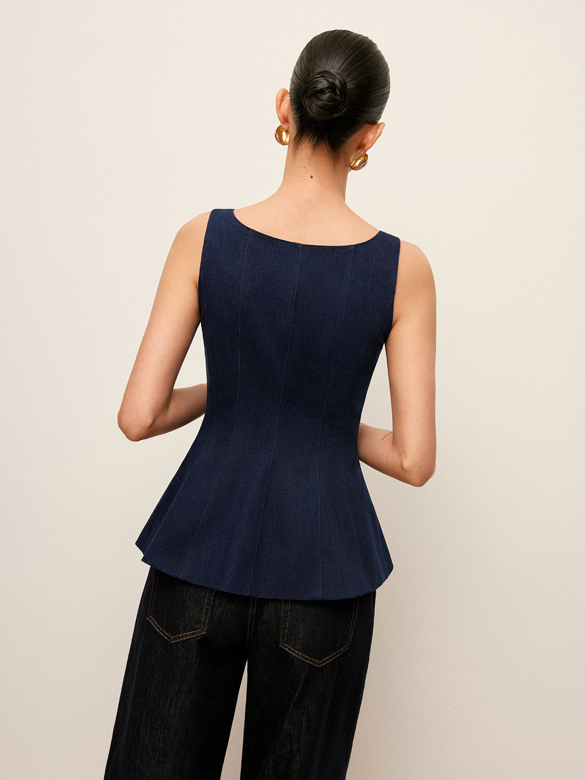 Zip-Front Denim Peplum Top-Massicos