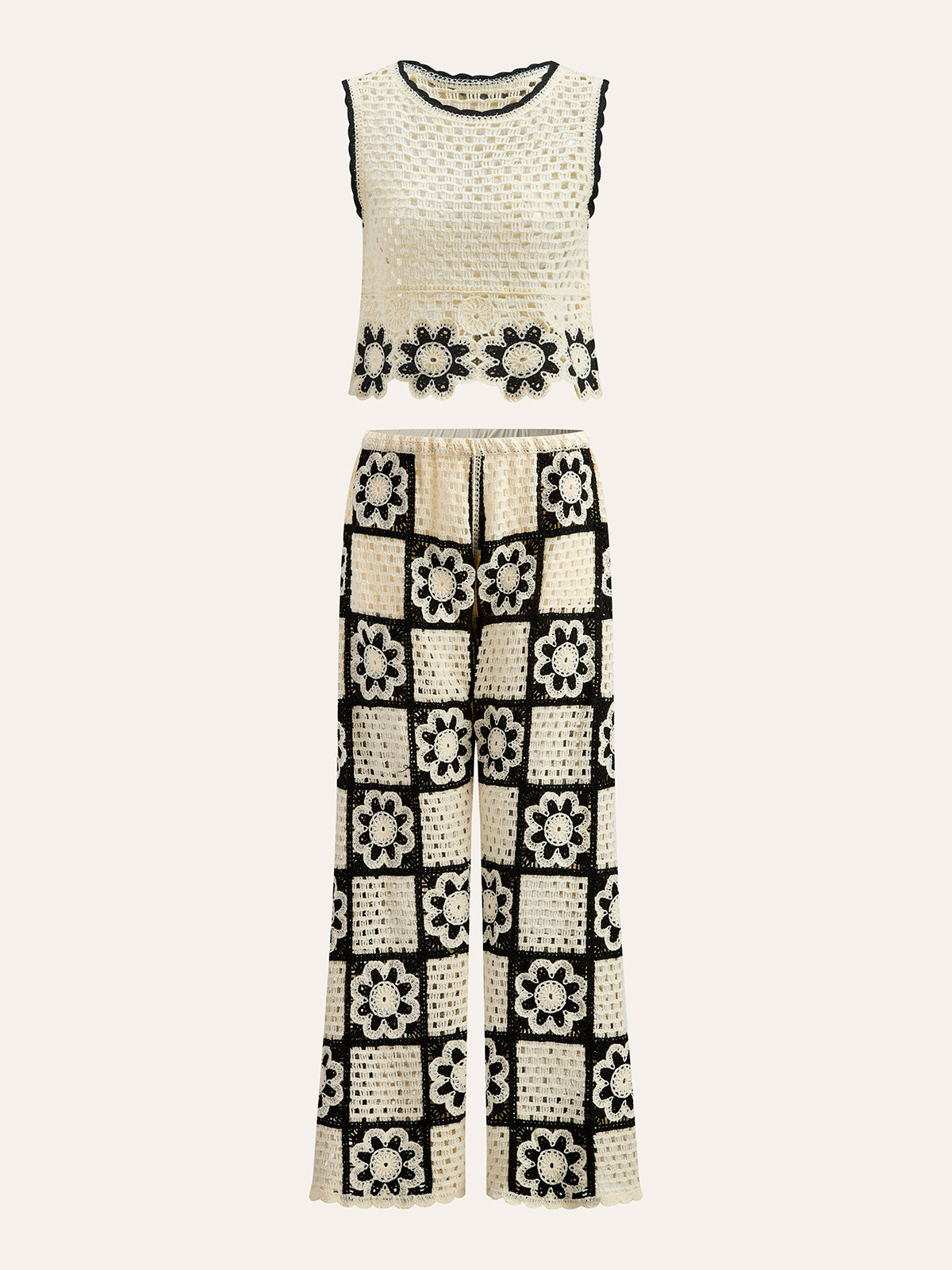 Crochet Floral Top With Pant Set-Massicos