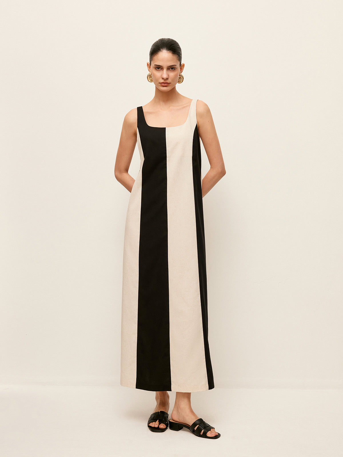 Cotton & Linen Striped Sleeveless Dress-Massicos