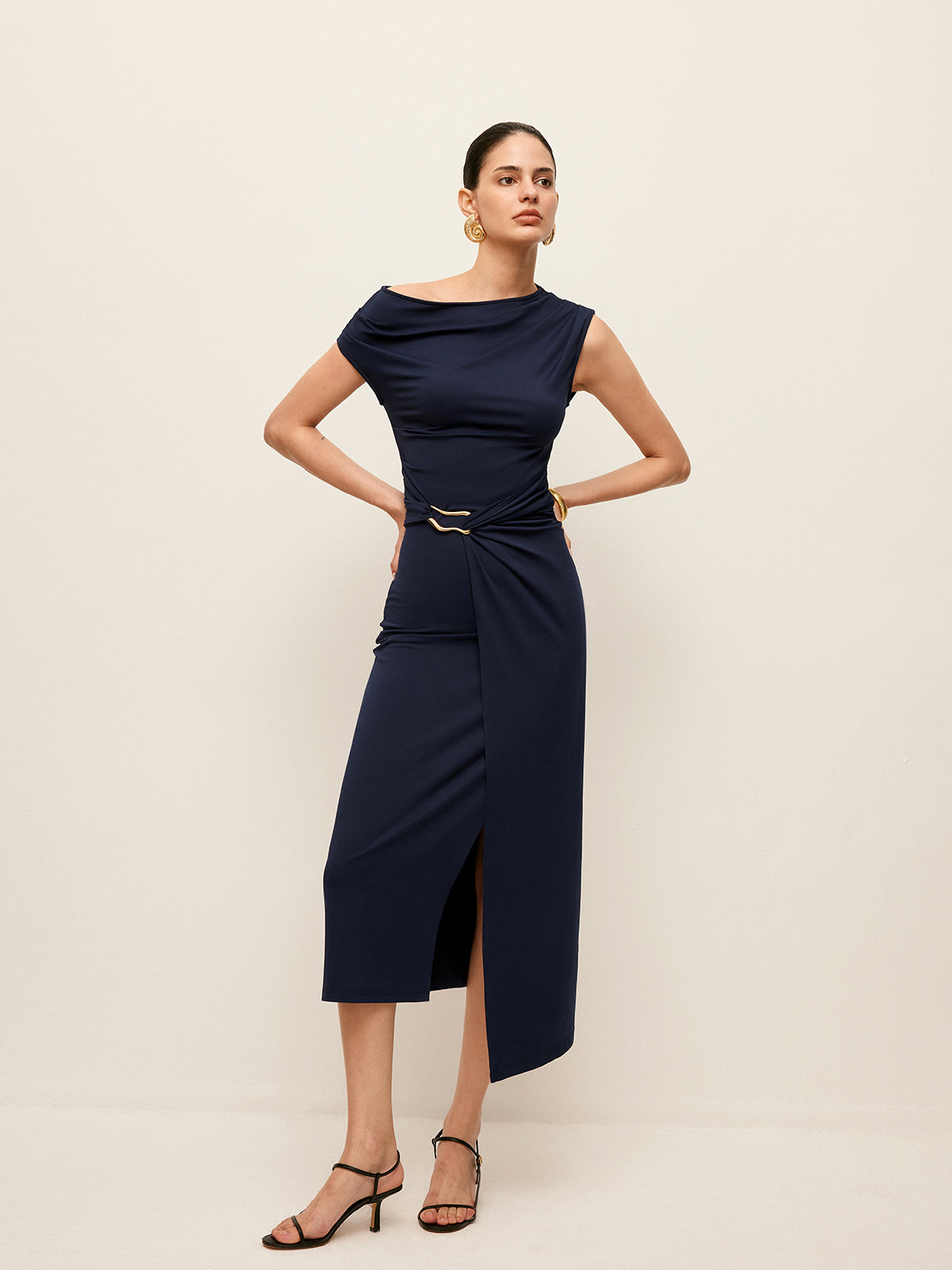 Asymmetrical Neck Metal Waist-Belt Dress-Massicos