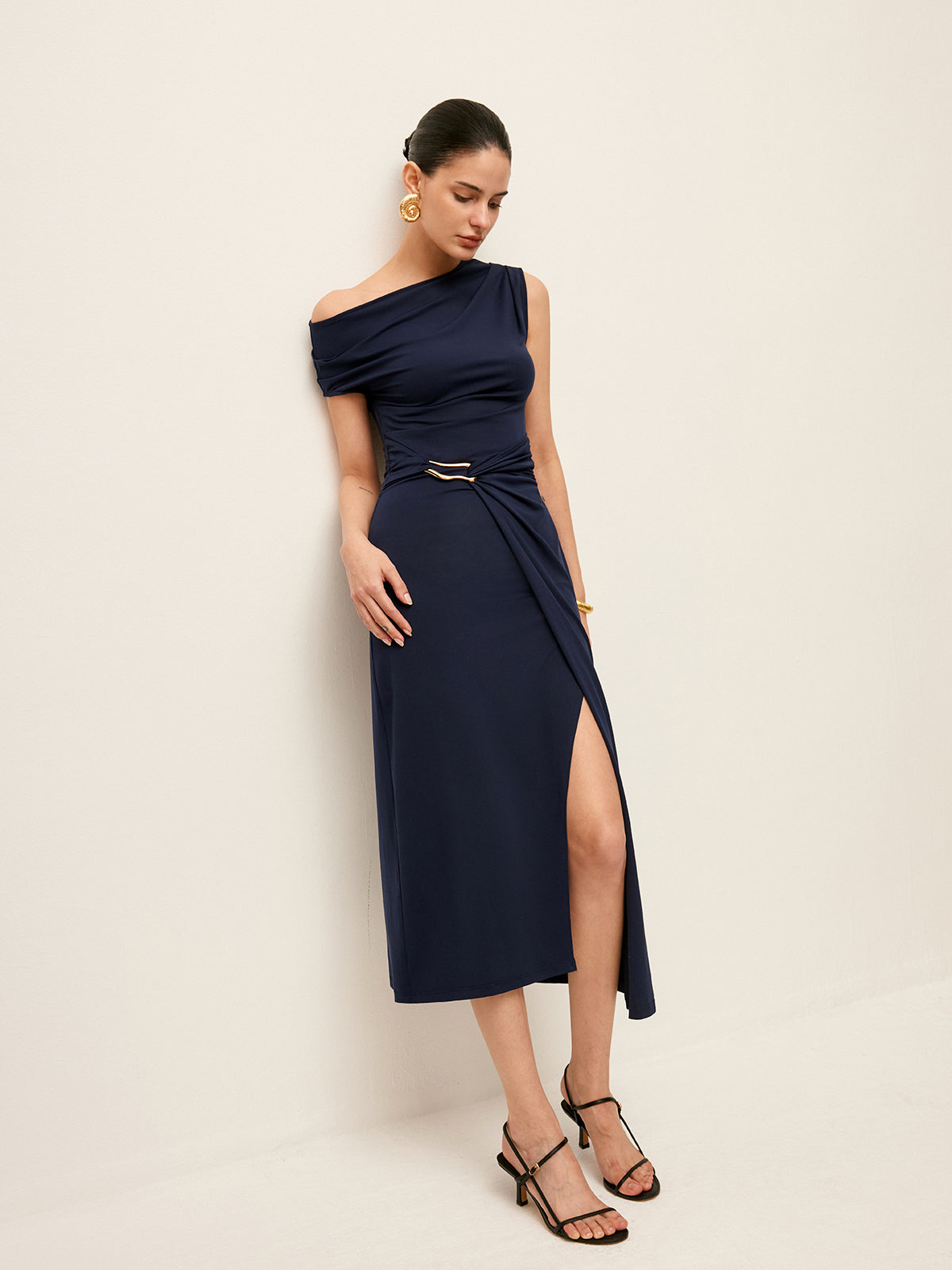 Asymmetrical Neck Metal Waist-Belt Dress-Massicos