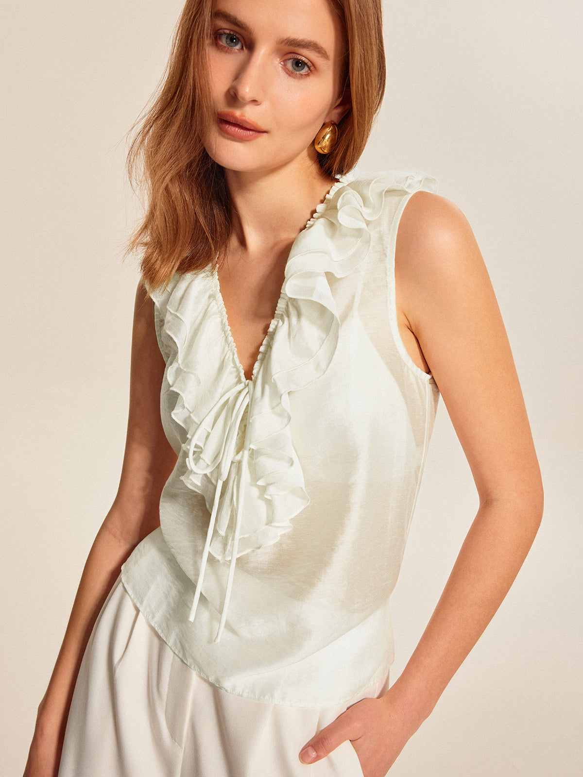 Semi-Sheer Ruffled Tie-Front Top-Massicos