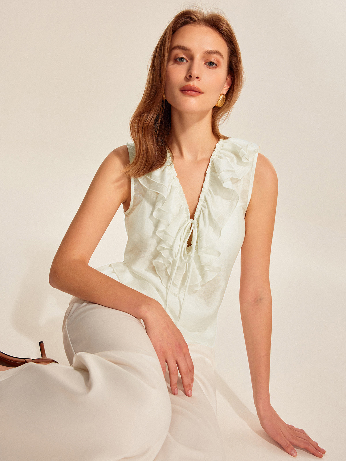 Semi-Sheer Ruffled Tie-Front Top-Massicos