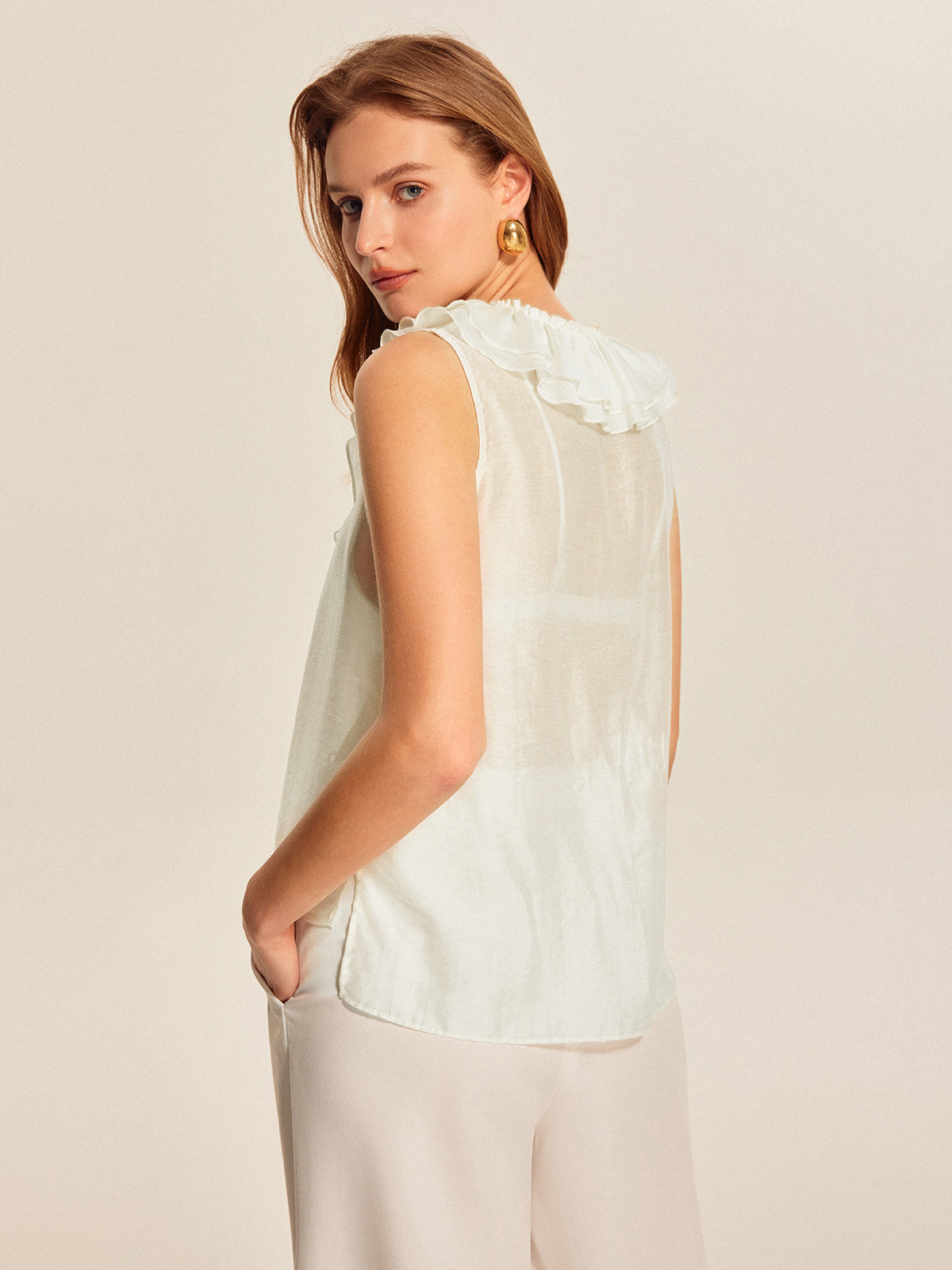 Semi-Sheer Ruffled Tie-Front Top-Massicos