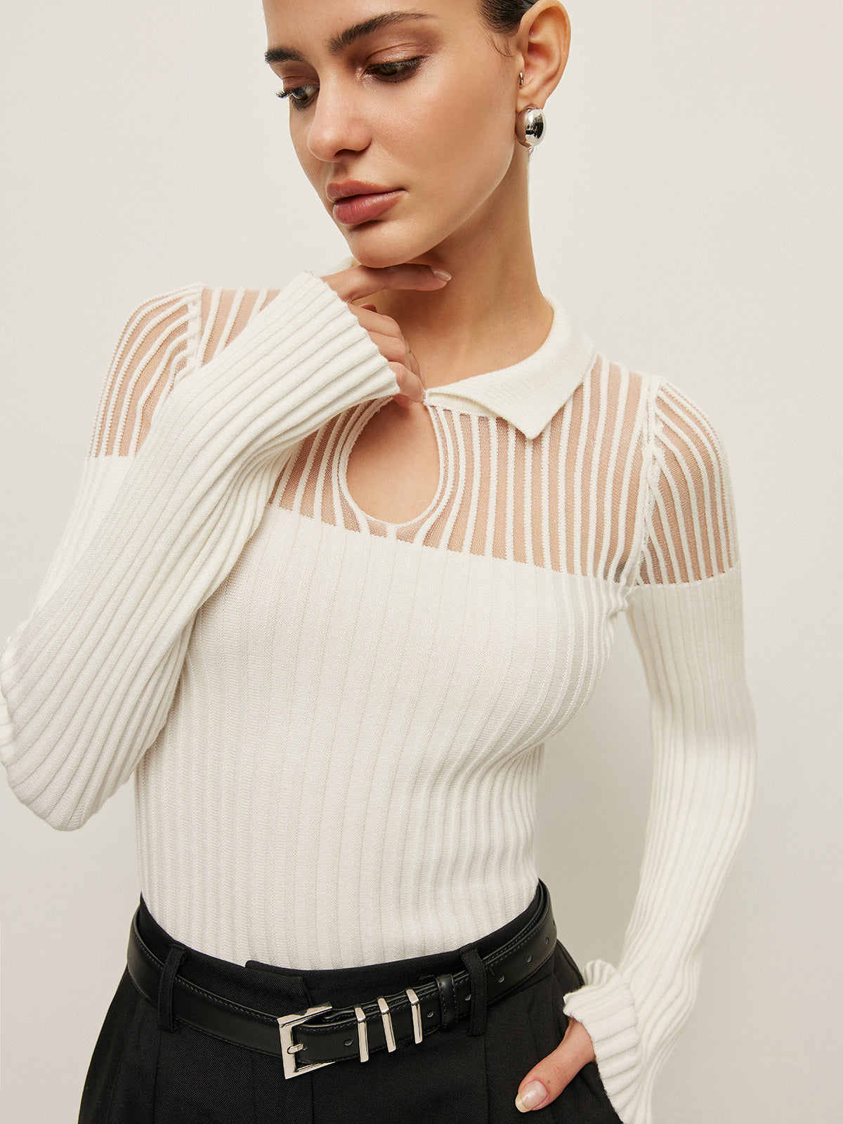 Ribbed Keyhole Collar Top-Massicos