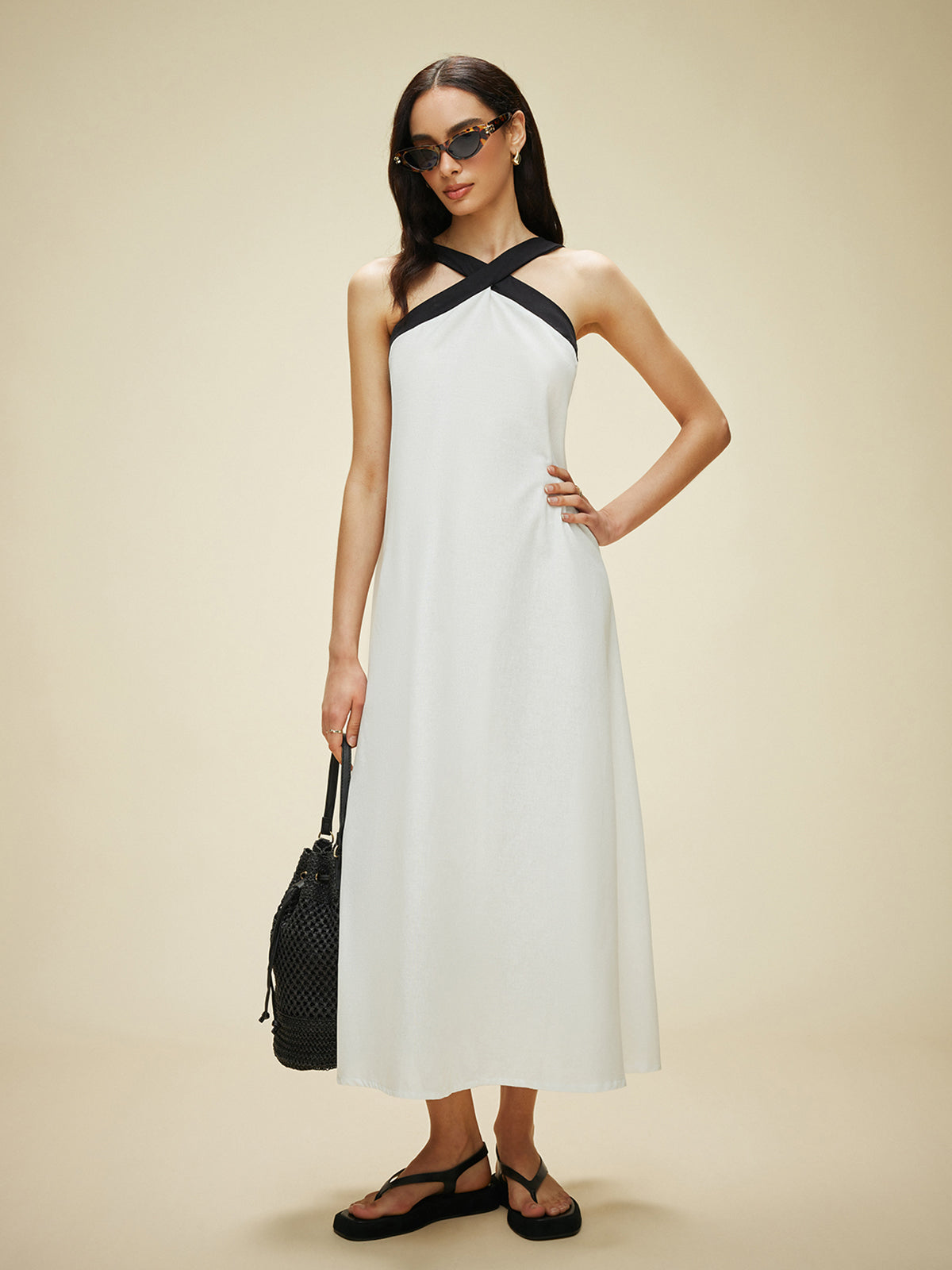 Semi-Sheer Cotton & Linen Backless Halter Dress-Massicos