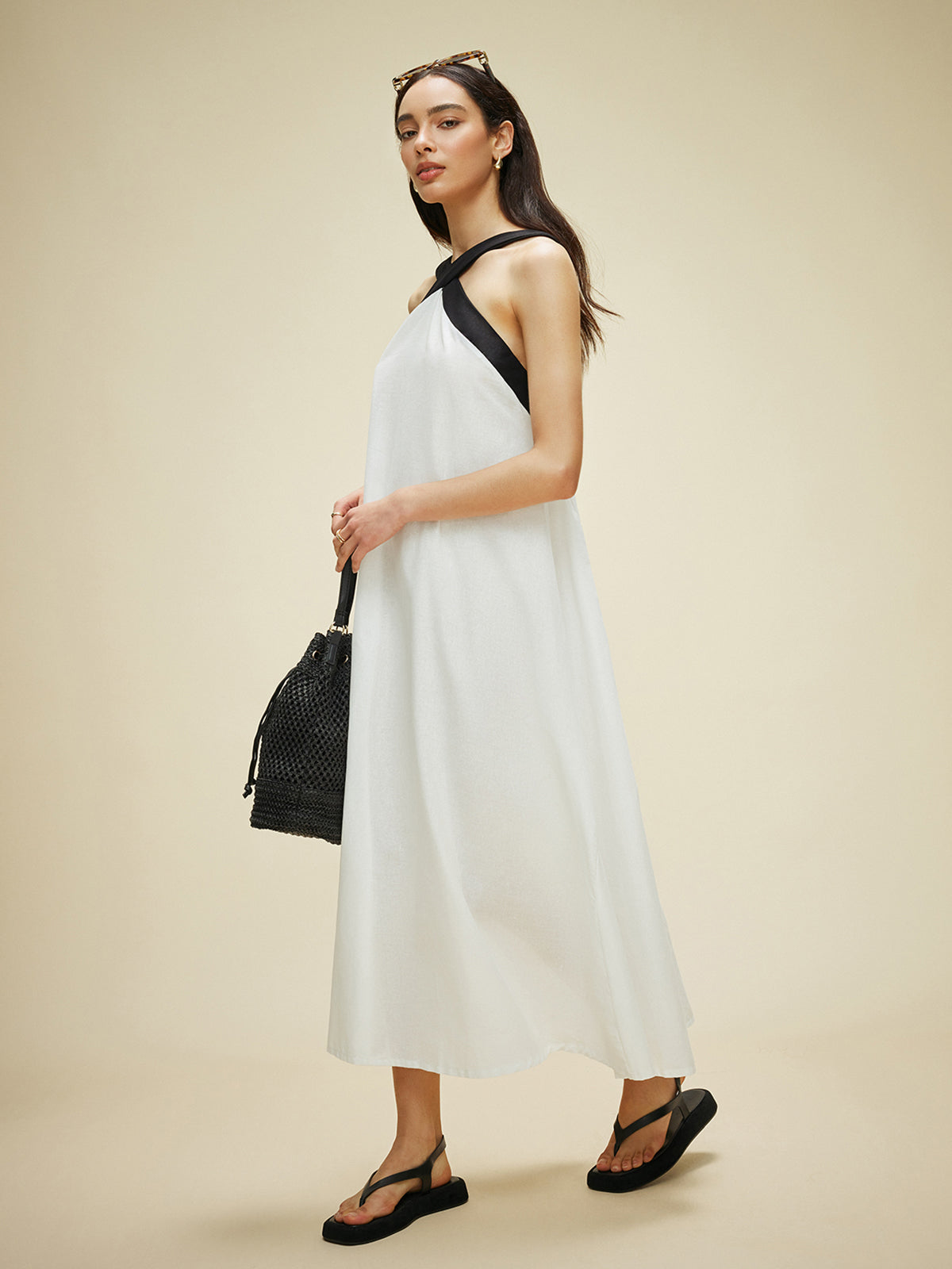 Semi-Sheer Cotton & Linen Backless Halter Dress-Massicos