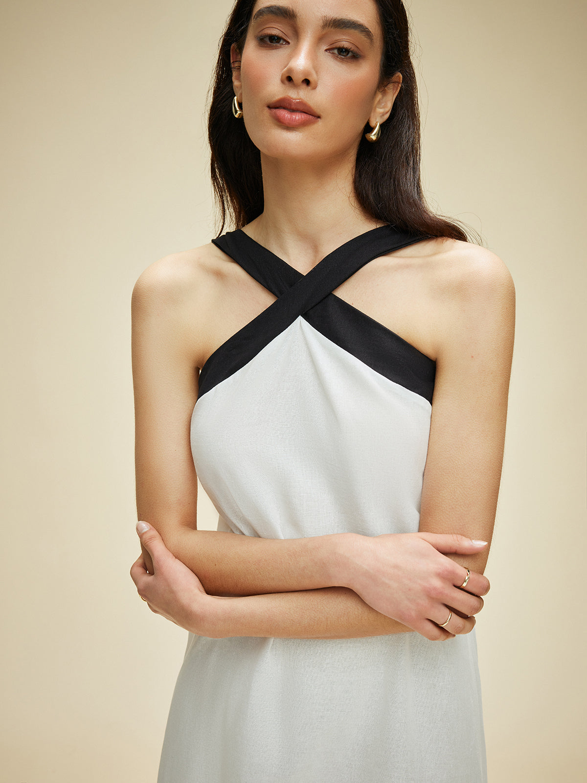 Semi-Sheer Cotton & Linen Backless Halter Dress-Massicos