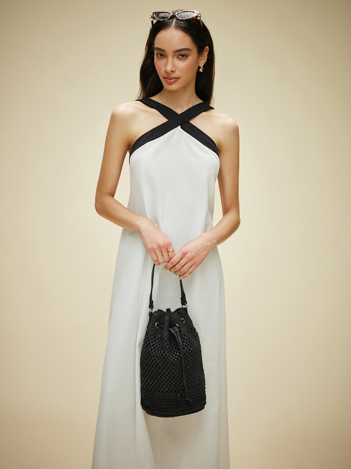 Semi-Sheer Cotton & Linen Backless Halter Dress-Massicos