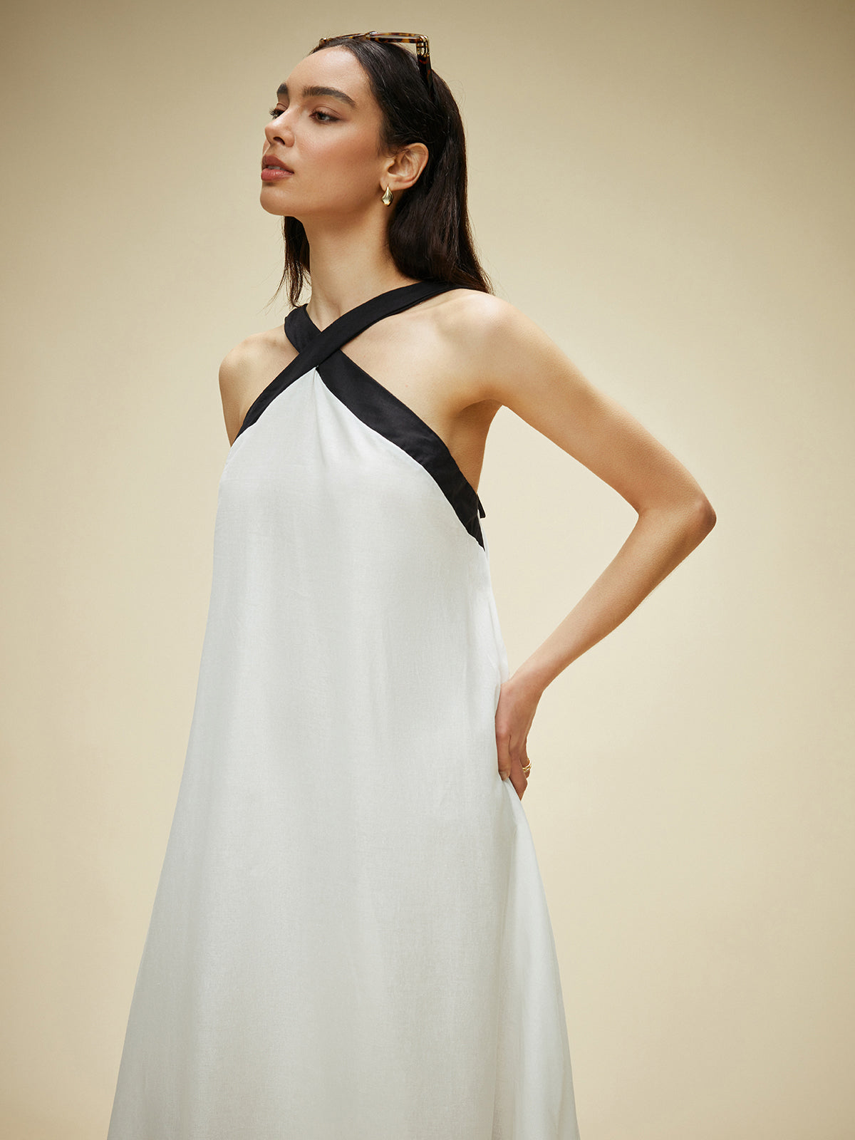 Semi-Sheer Cotton & Linen Backless Halter Dress-Massicos