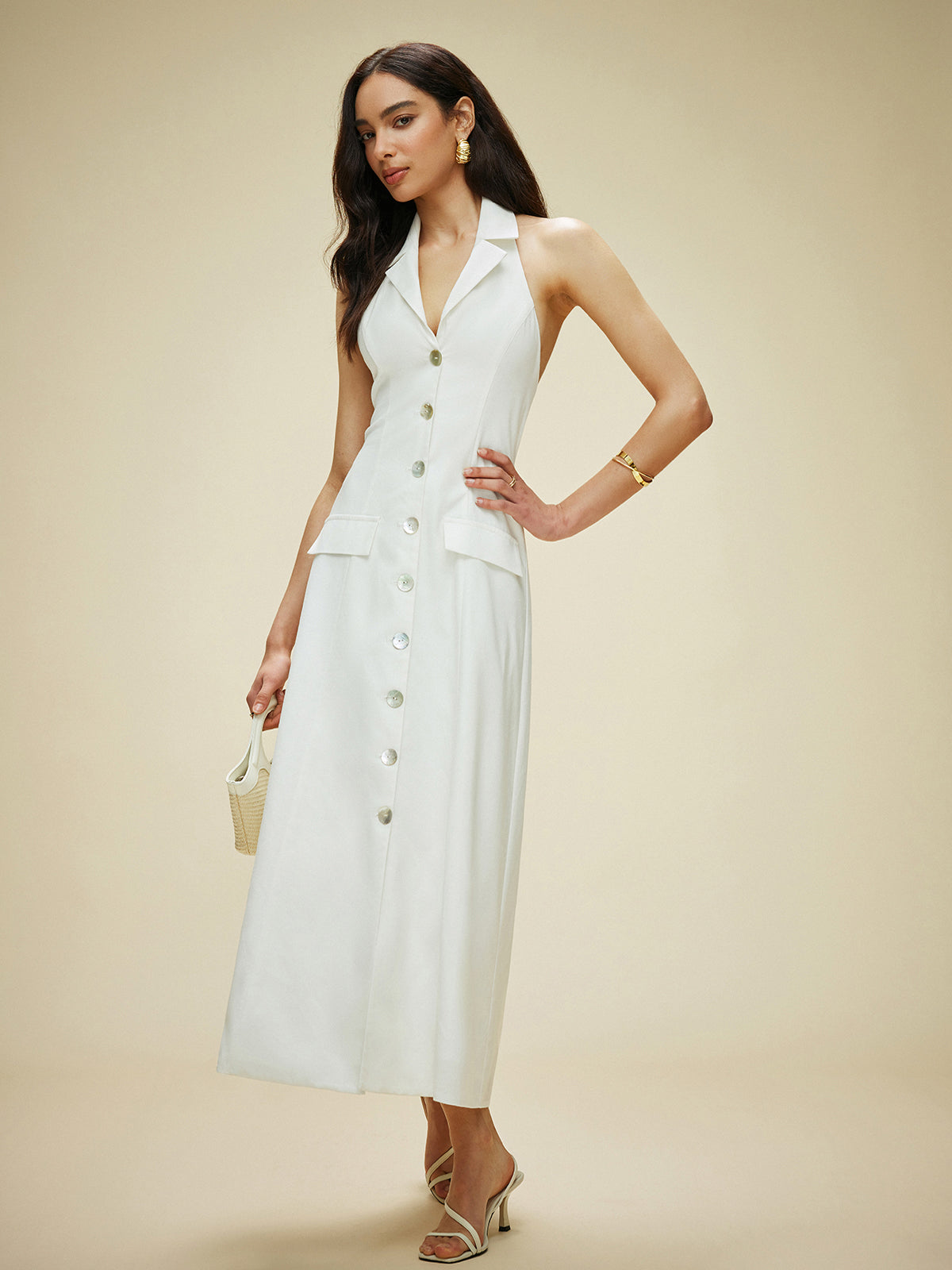 Cotton & Linen Pocket-Detail Halter Neck Tie-Back Dress-Massicos