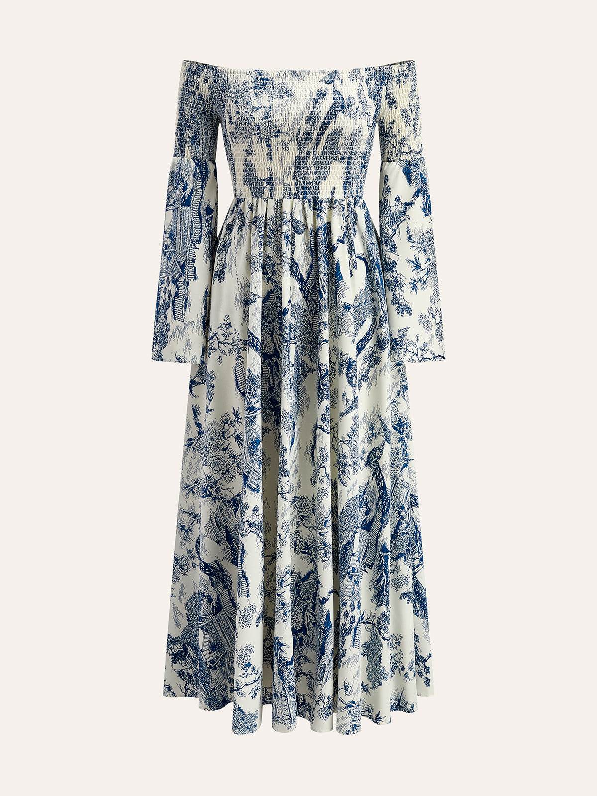 Print Off-Shoulder Smocked Sleeve Dress-Massicos