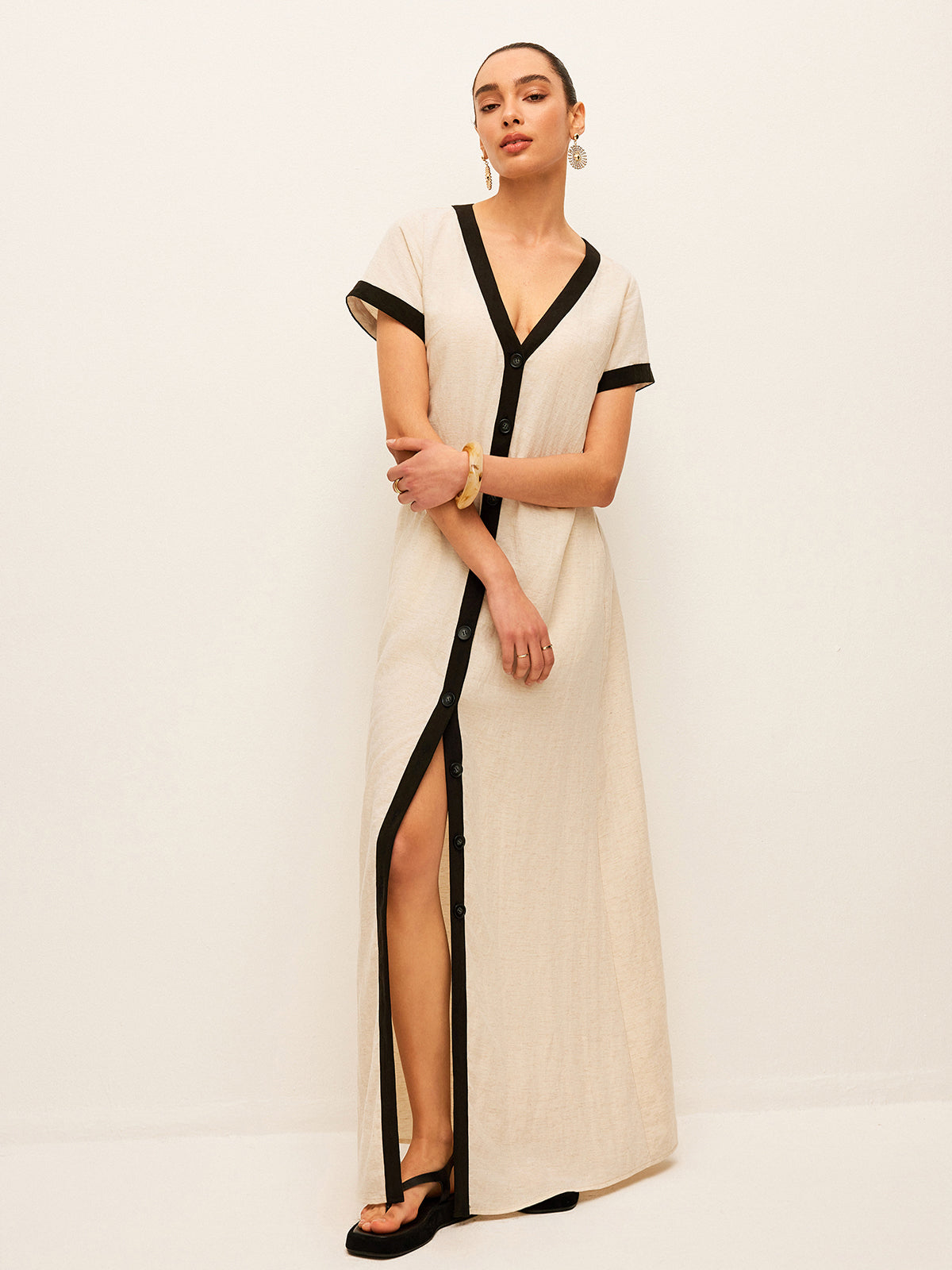 Cotton & Linen High-Slit Contrast Trim Dress-Massicos