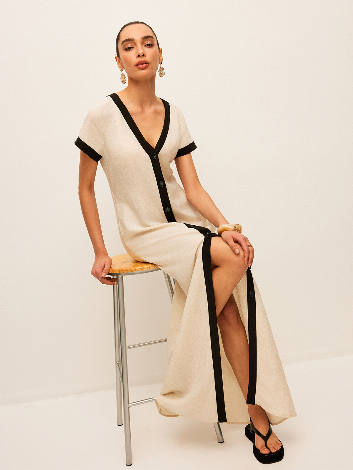Cotton & Linen High-Slit Contrast Trim Dress-Massicos