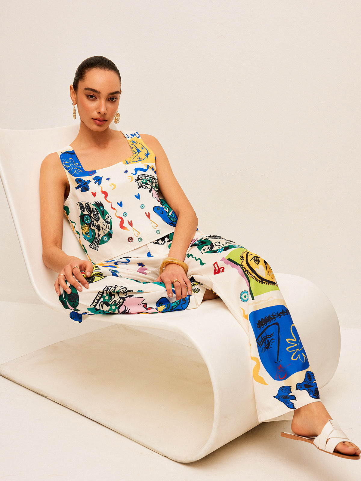 Graphic Print Crop Top With Wide-Leg Pants Set-Massicos