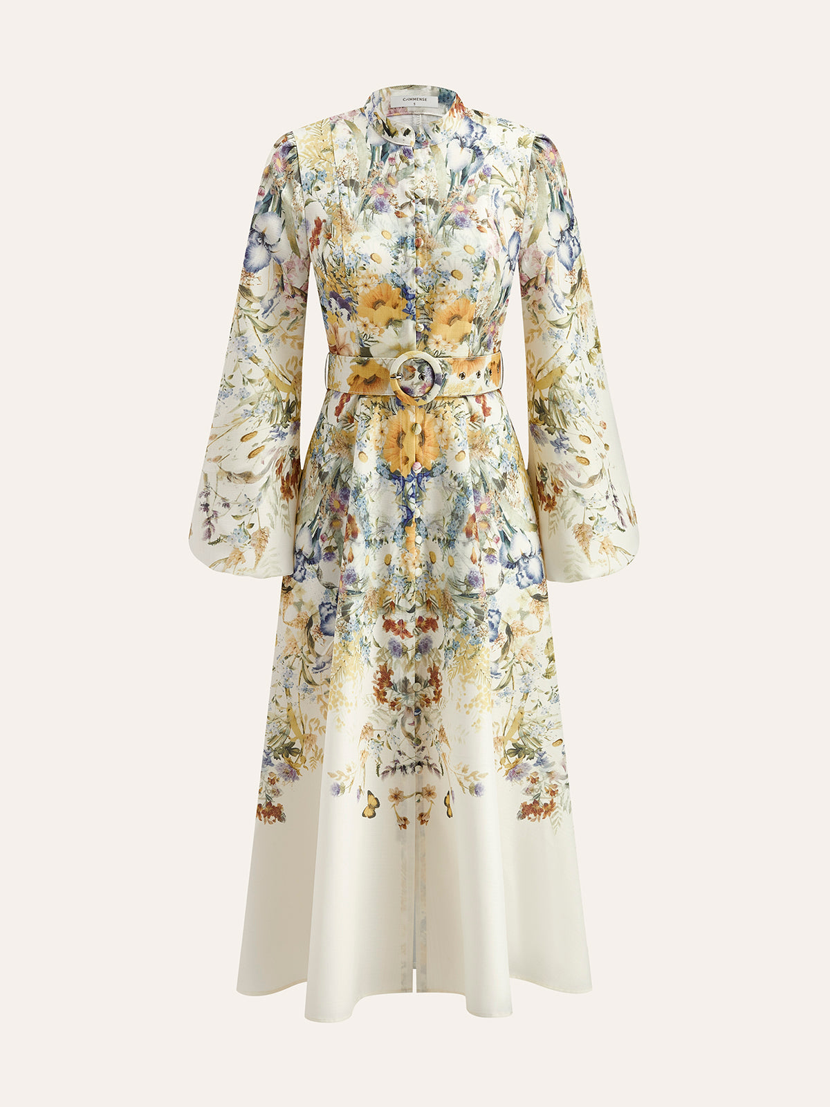 Belted Balloon Sleeve Floral Dress-Massicos
