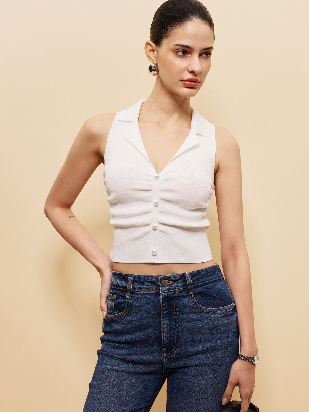 Sleeveless Button-Front Crop Sweater Vest-Massicos