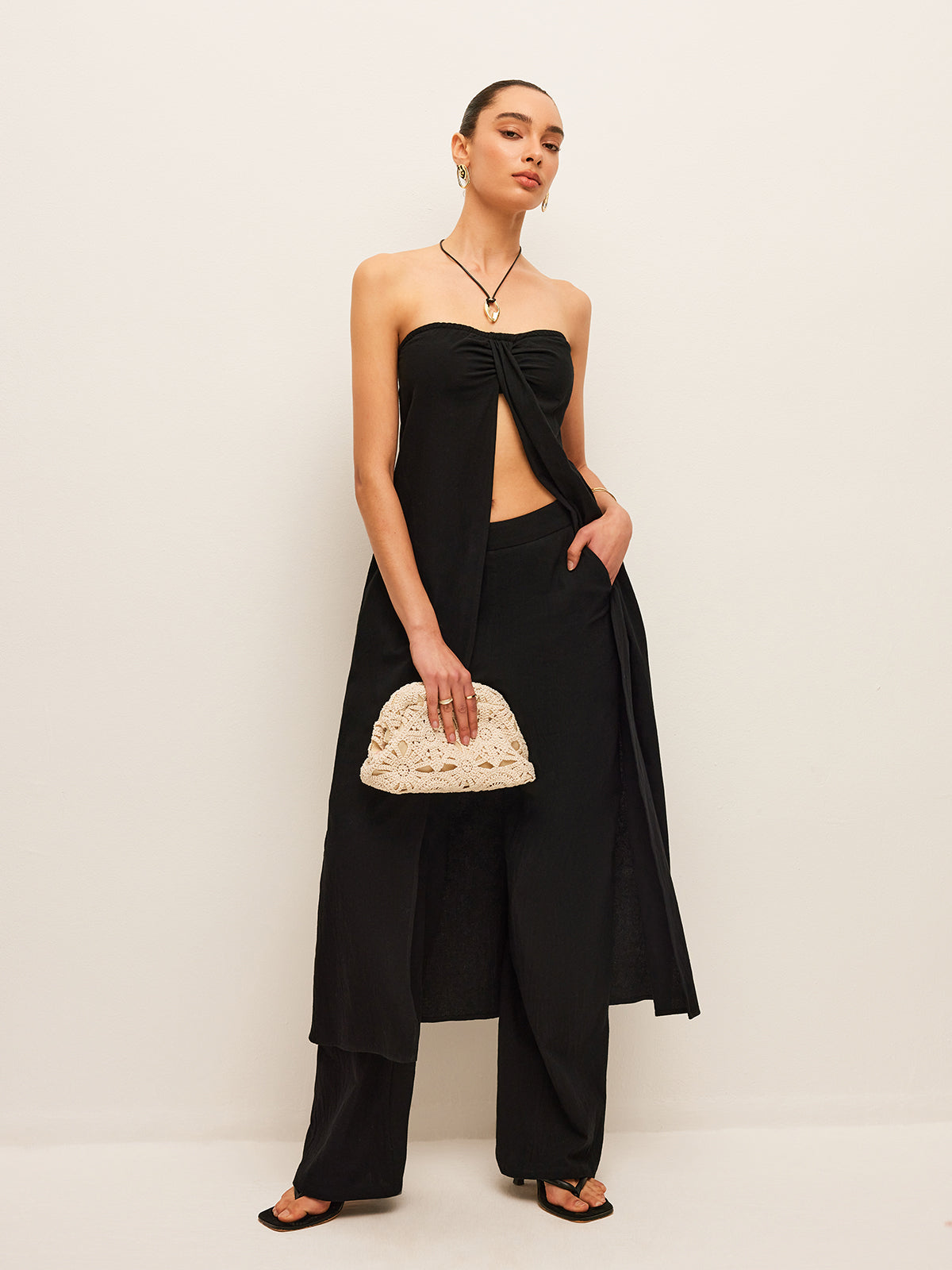 Cotton & Linen Tie-Front Top With Pants Set-Massicos