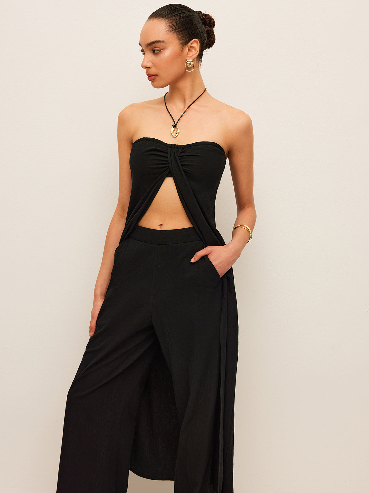 Cotton & Linen Tie-Front Top With Pants Set-Massicos
