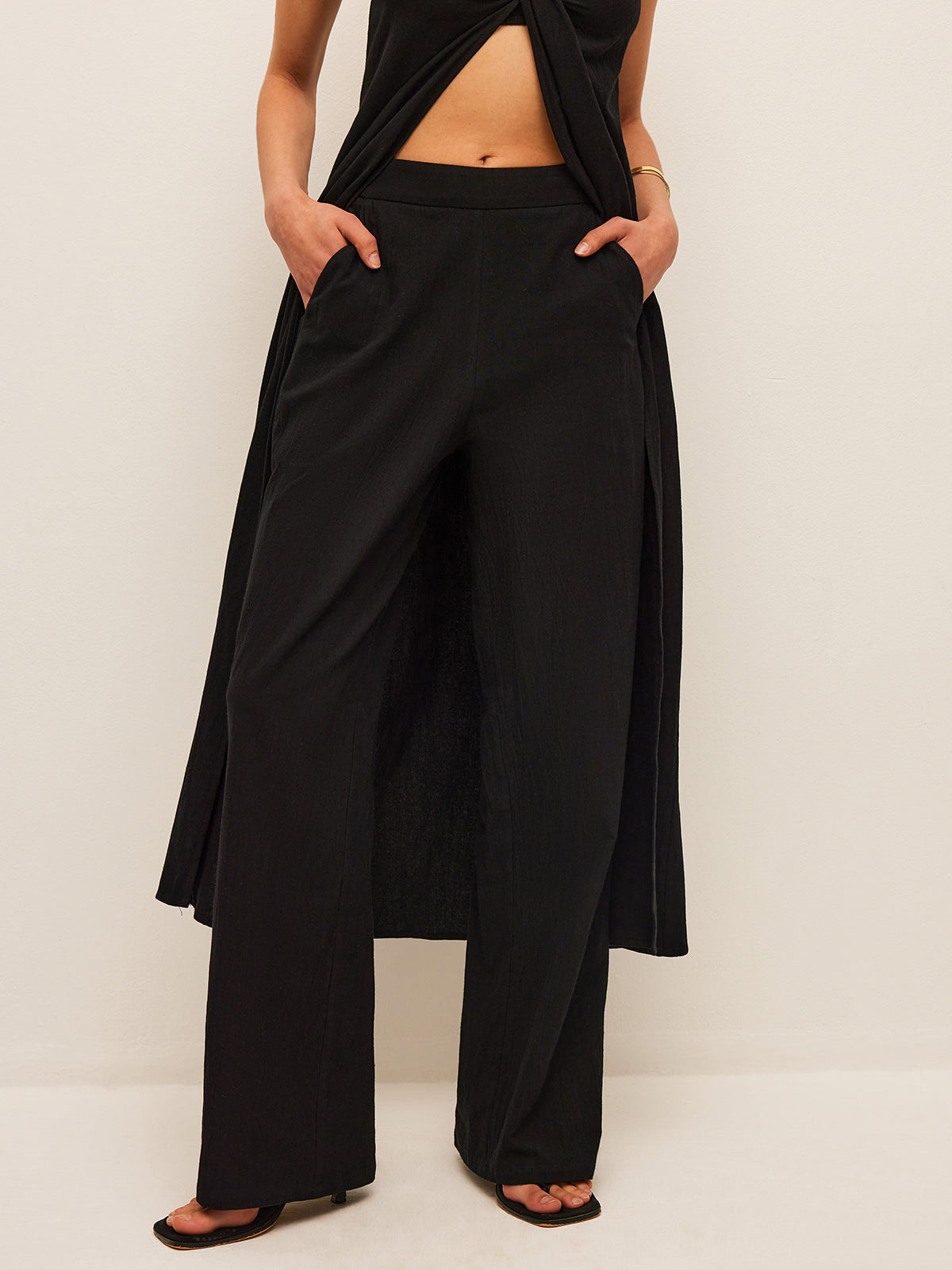 Cotton & Linen Tie-Front Top With Pants Set-Massicos