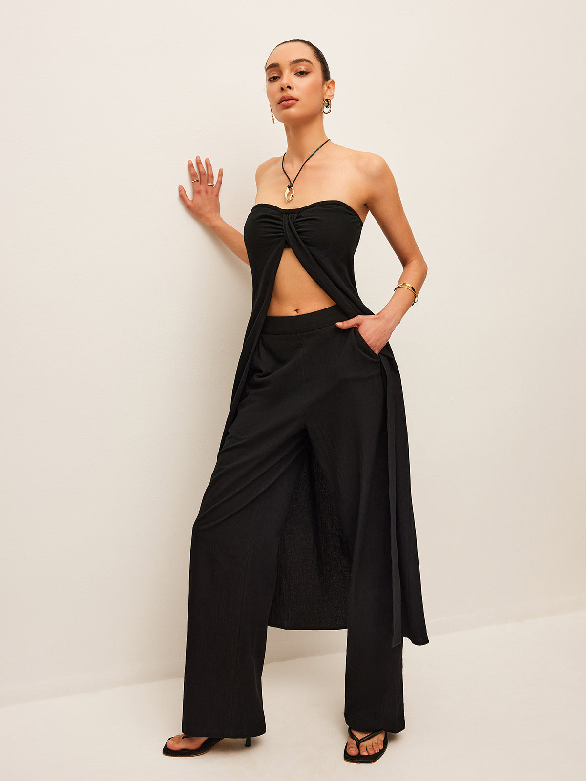 Cotton & Linen Tie-Front Top With Pants Set-Massicos