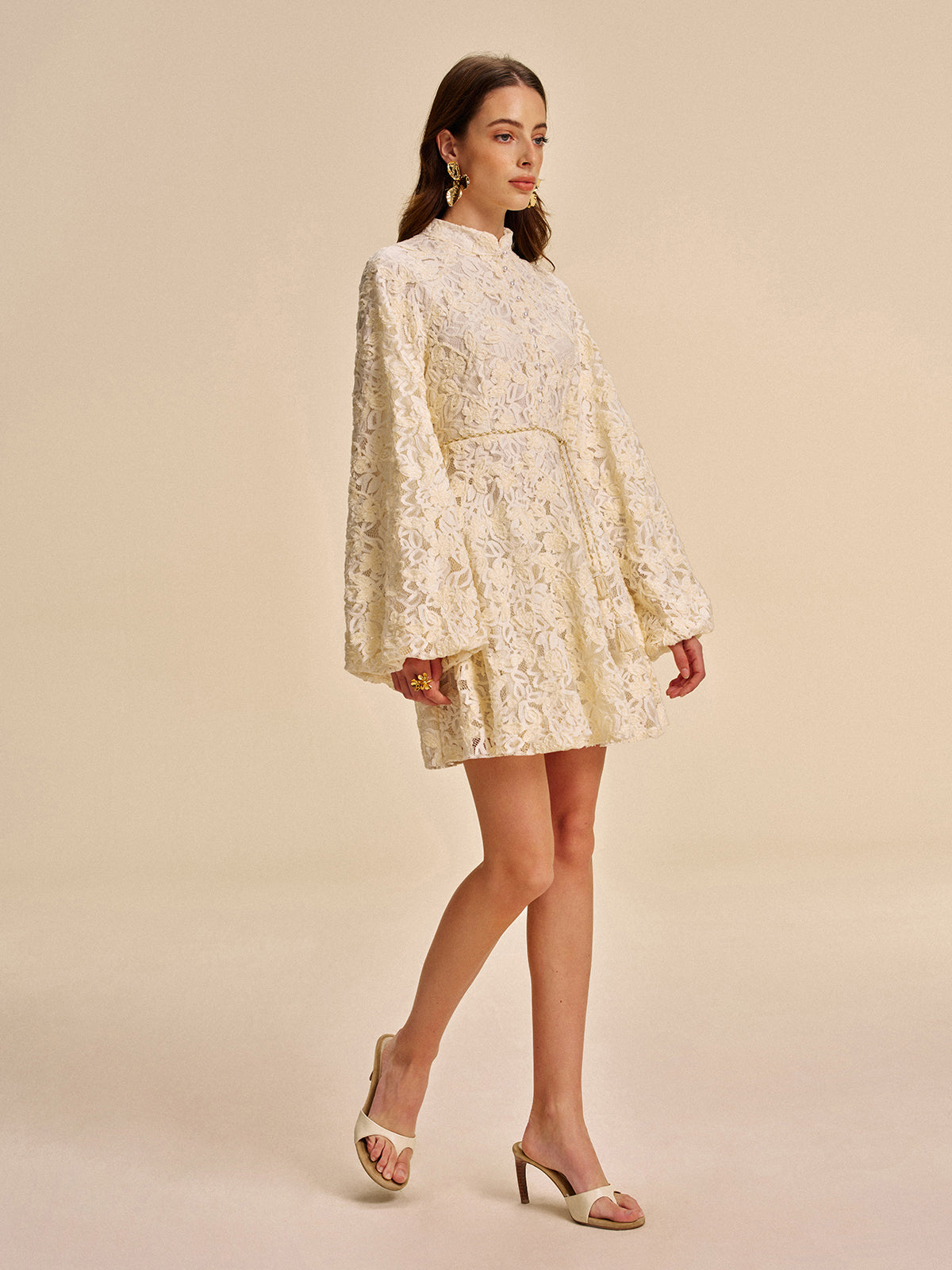 Lace Bell-Sleeve Dress With Belt-Massicos
