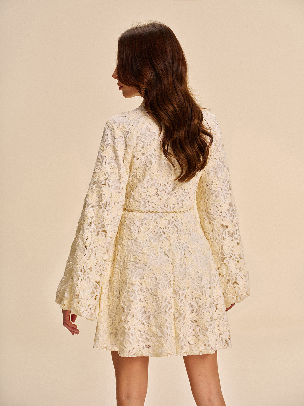Lace Bell-Sleeve Dress With Belt-Massicos