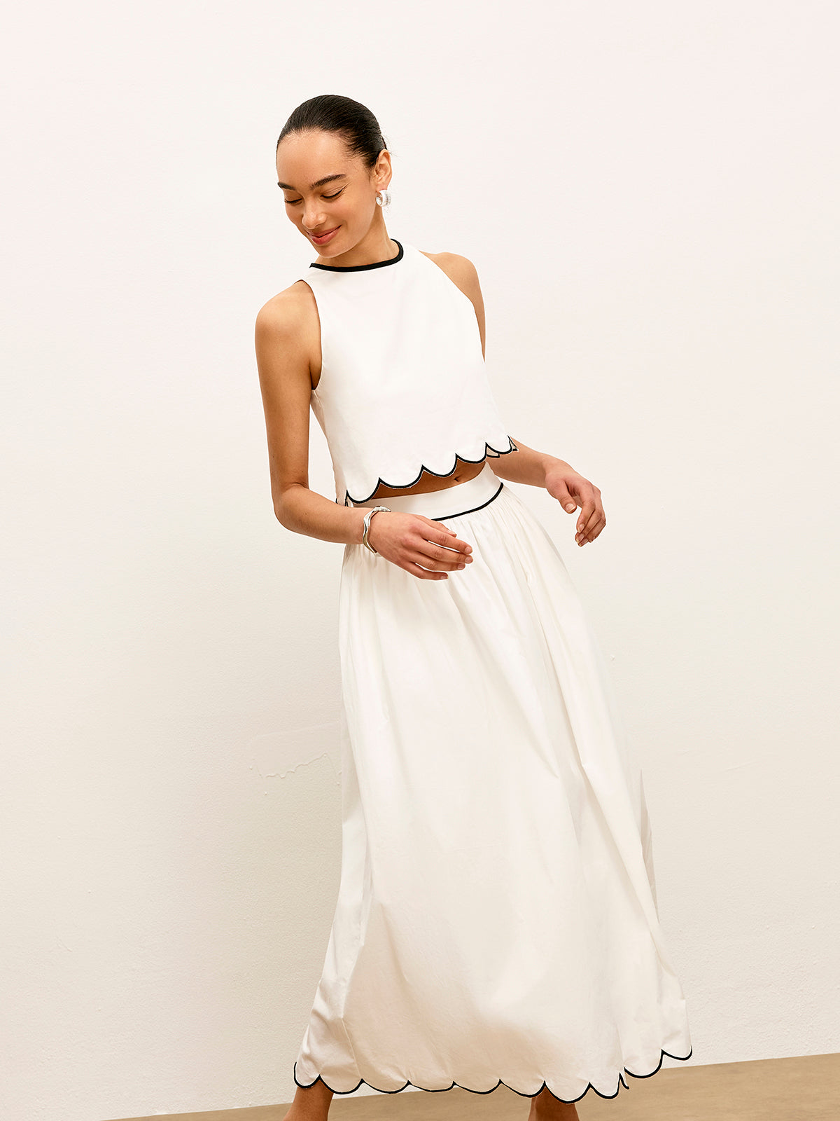 Scallop Trim Color Block Sleeveless Skirt Set-Massicos