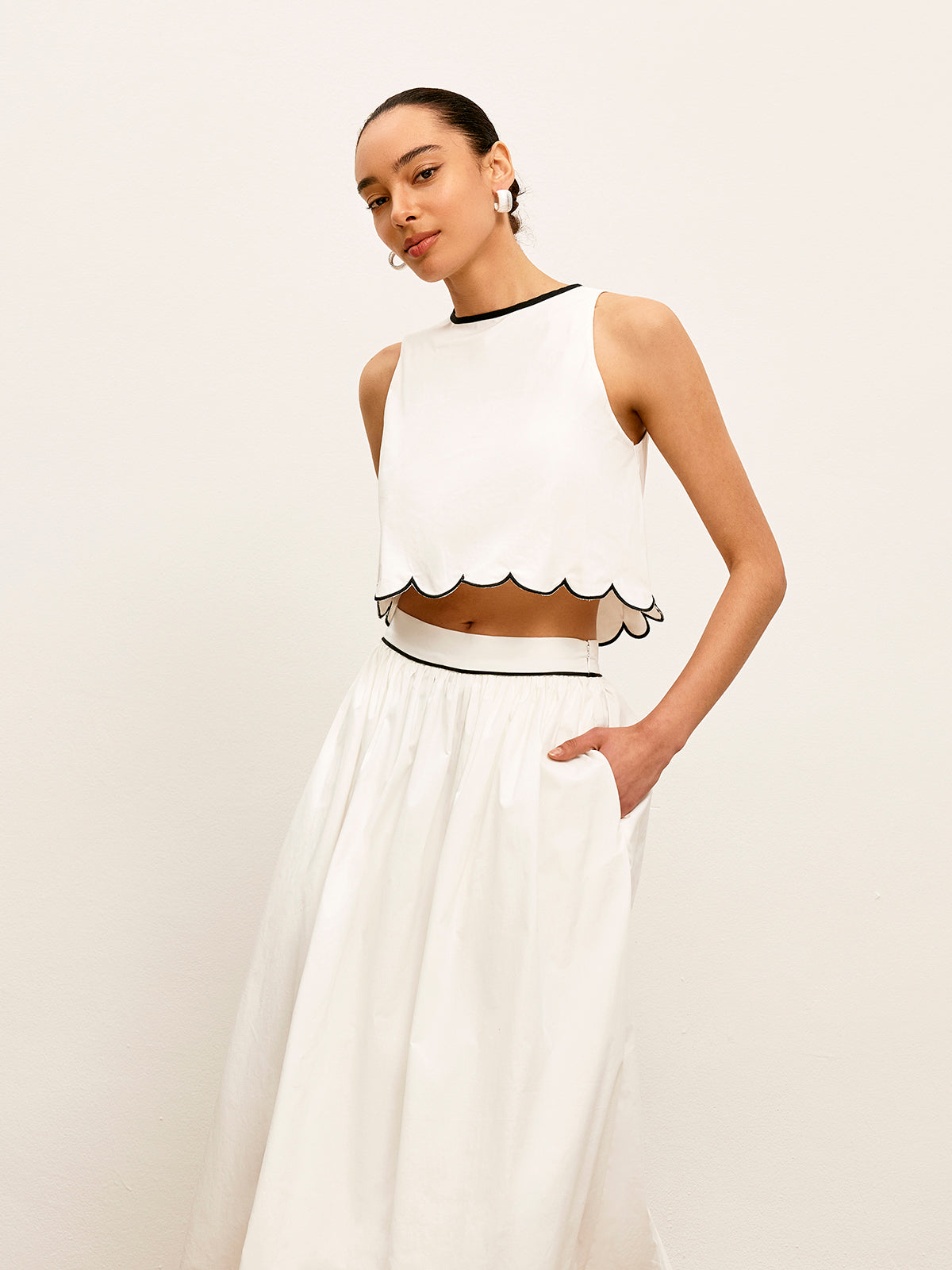 Scallop Trim Color Block Sleeveless Skirt Set-Massicos