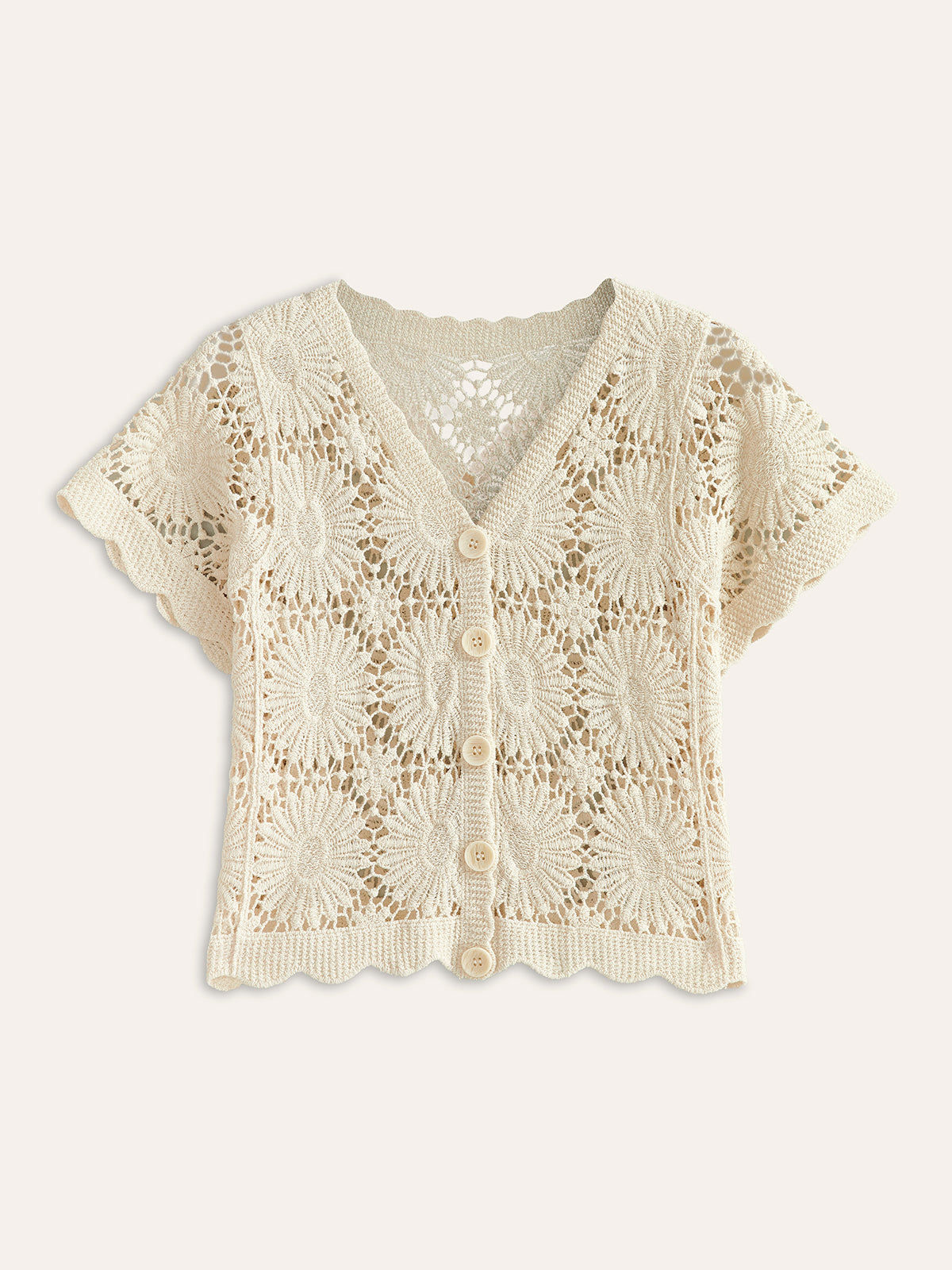 Crochet Floral Button-Front Cardigan-Massicos