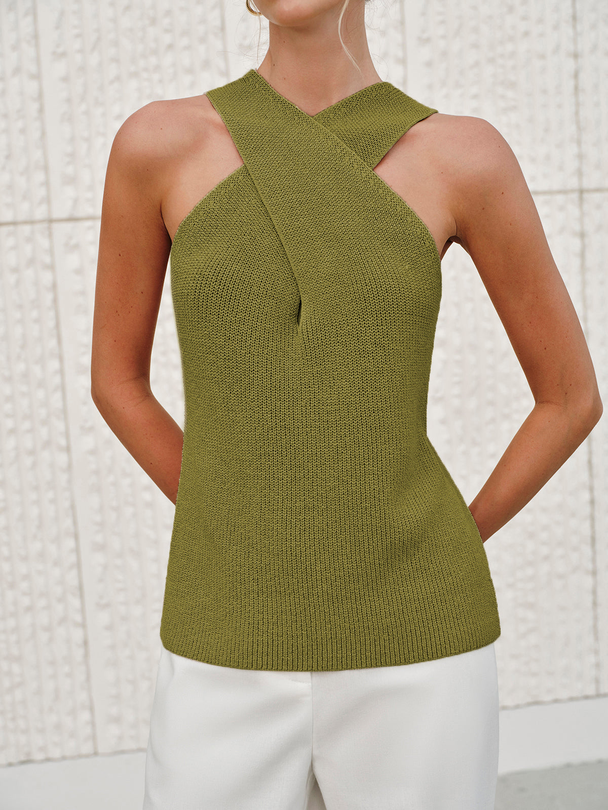 Halter Cross-Over Collar Tank Top-Massicos