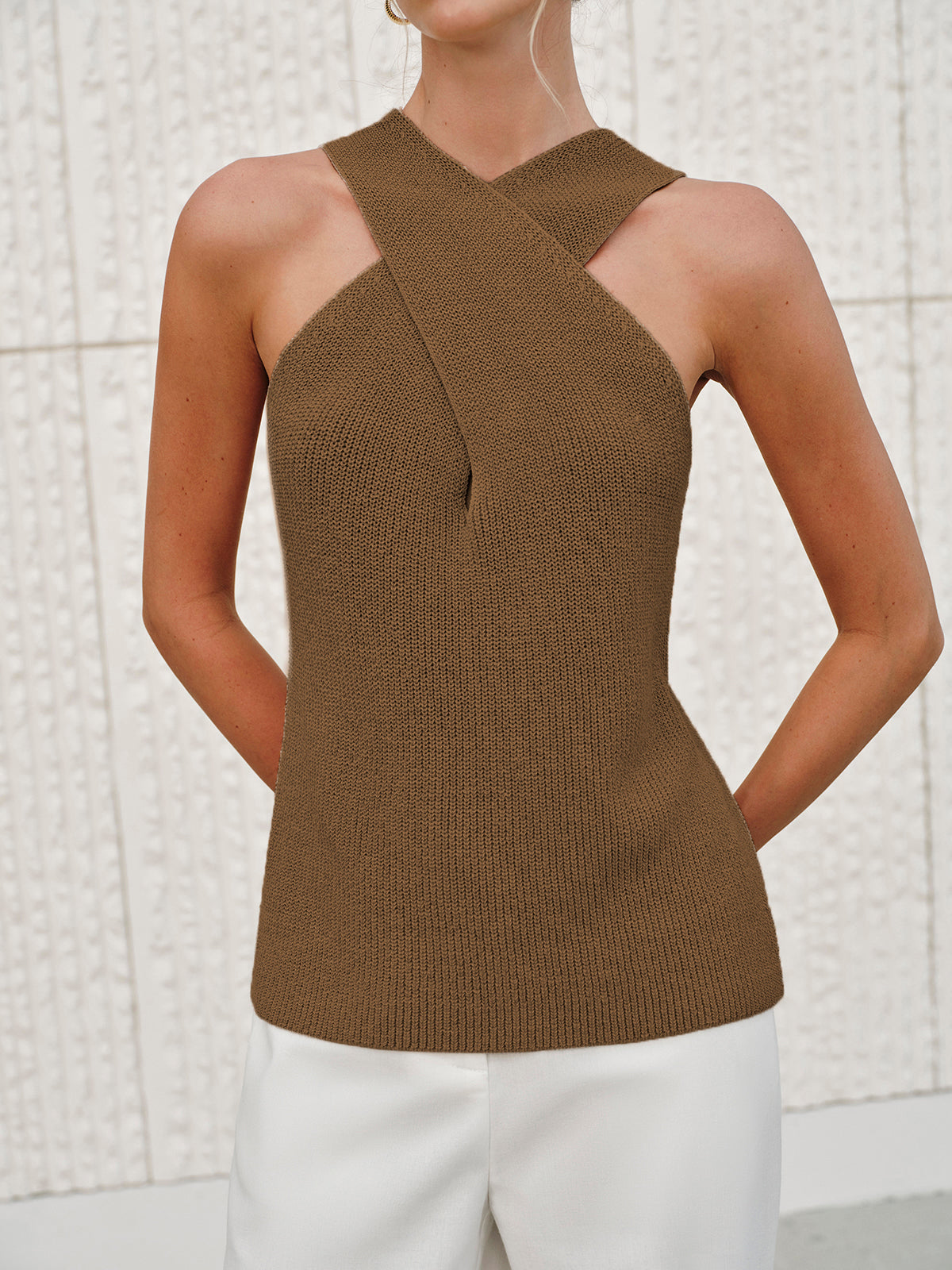 Halter Cross-Over Collar Tank Top-Massicos