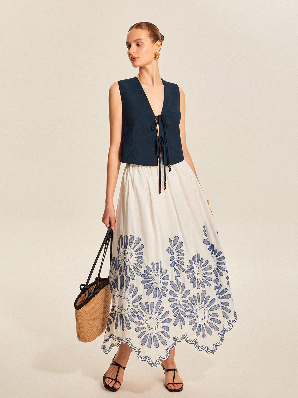 Tie Front Beaded Sleeveless Top-Massicos