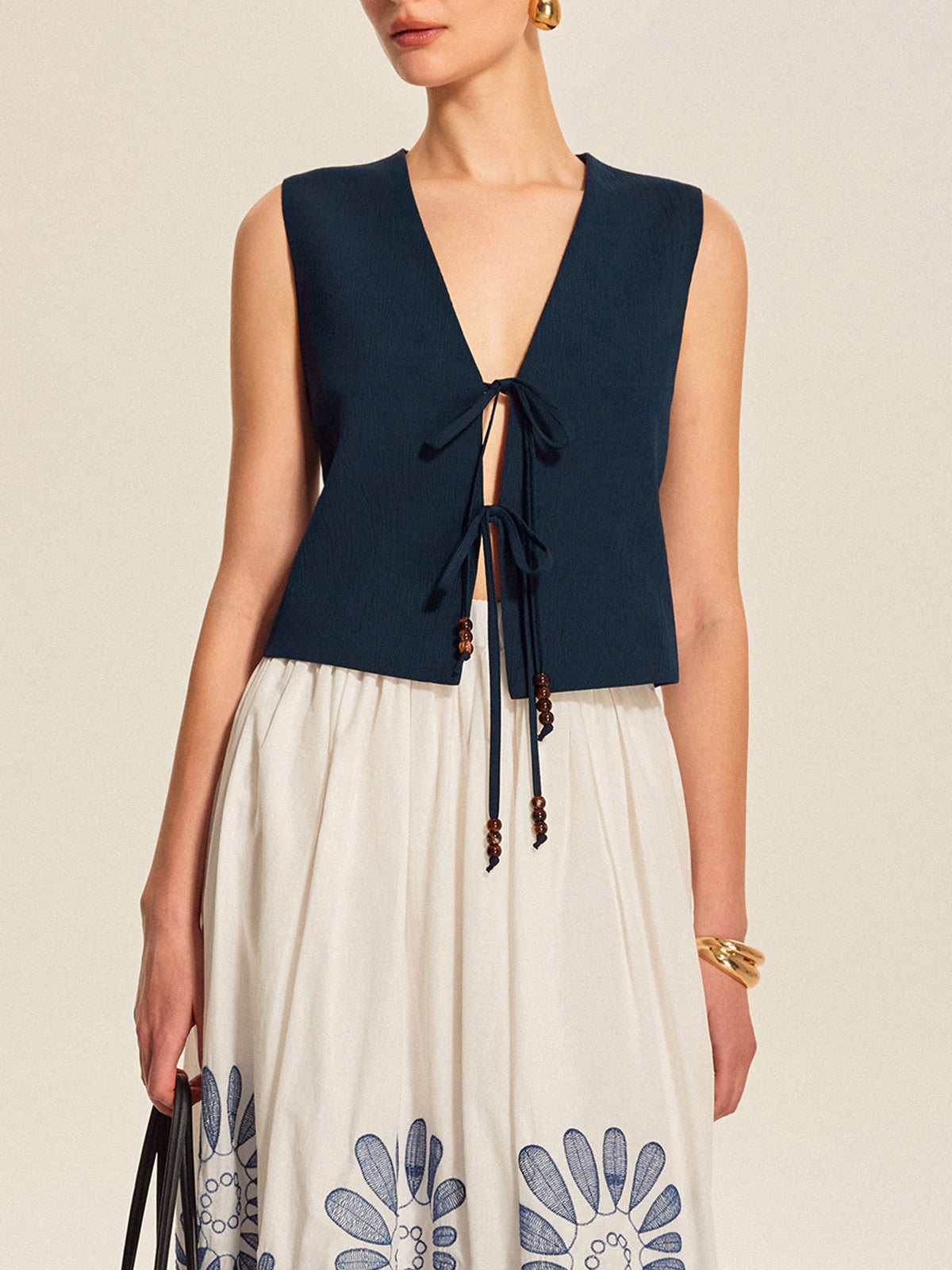 Tie Front Beaded Sleeveless Top-Massicos
